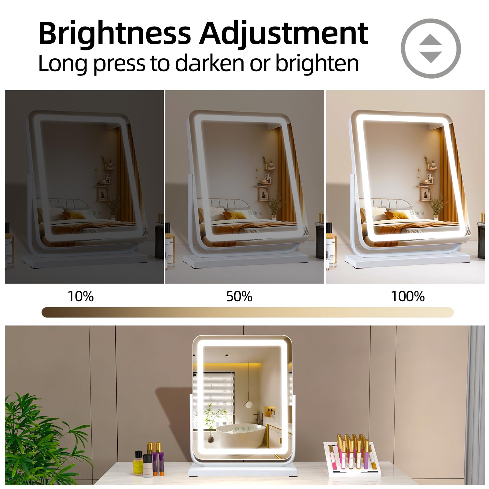 Miroir de Maquillage Lumineux LED 40x47 cm Carré, Rotation 360° Orientable avec Touche Tactile, 3 Modes de Couleur (Froid/Chaud/Naturel) à Intensité Variable Miroir de Table Hollywood