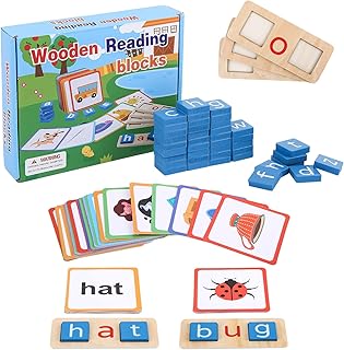 Educational Toys for 3 4 5 6 Years Old Kids -Wooden CVC Word Spelling Games, Preschool Kindergarden Learning Activities Toy for Boys and Girls,Sight Words Flash Cards Reading Letters for Toddlers