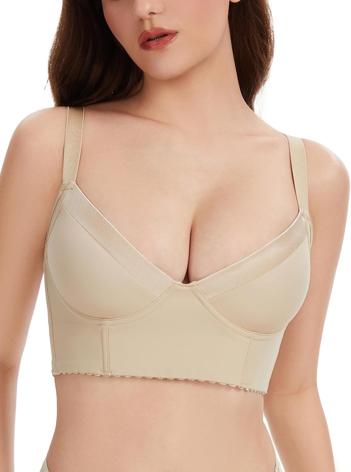 Women Longline Plunge Balconette Bra Lightly Padded Underwire Demi Bras 36D Beige - Size Up One Cup