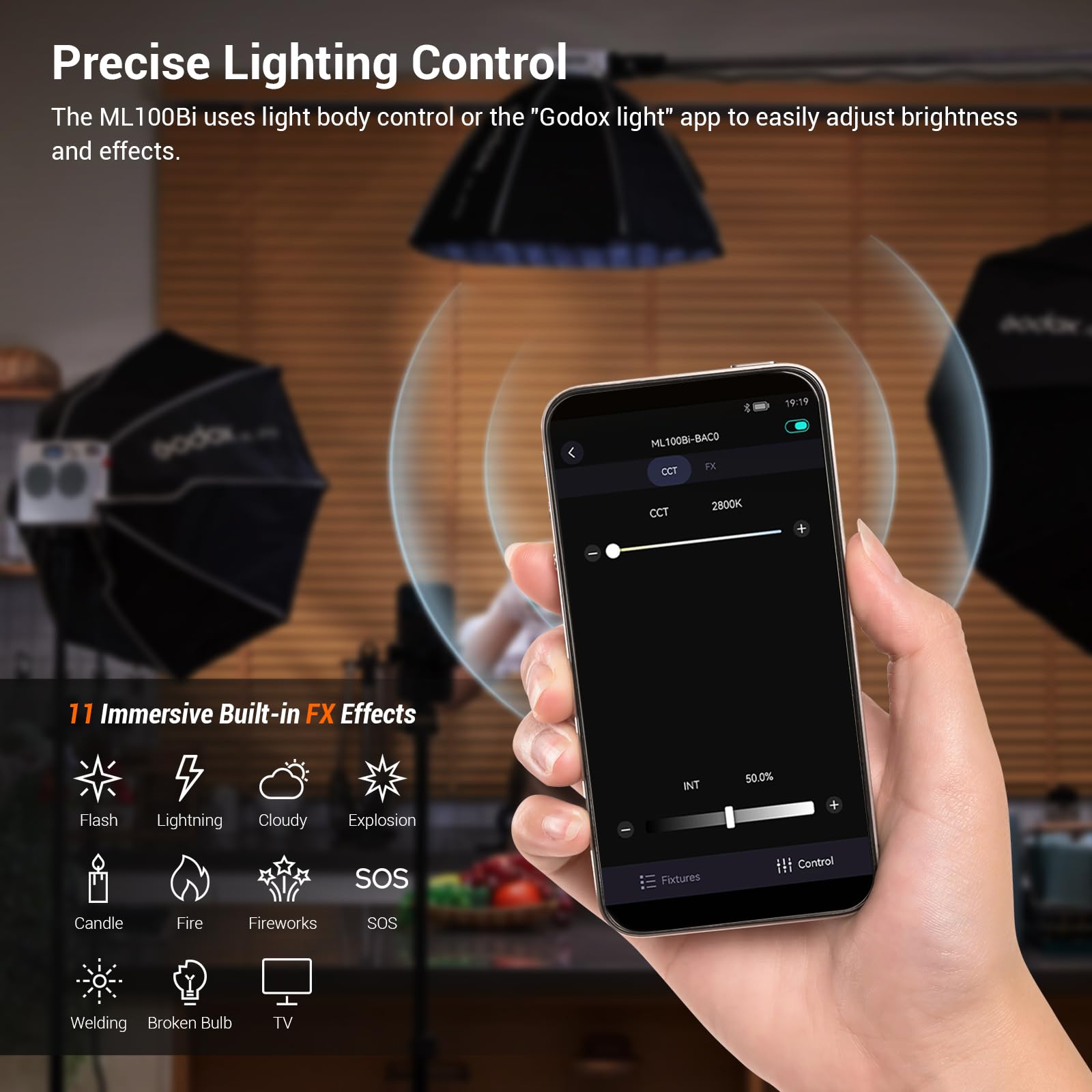 Godox ML100Bi 100W Bi-Color LED Luz de Vídeo, 2800-6500K Vídeo CRI 97+/TLCI 98+, 11 FX Efectos, 34300 Lux Brillo del 0% al 100%, App Control para Luz Fotográfica