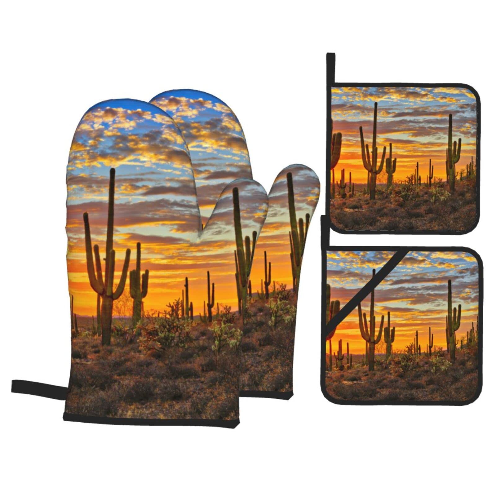 Sunset Cactus in Desert Print Kitchen Baking Four Piece Set of Heat Resistant Thick Cotton Oven Mitts for Cooking, Baking and Grilling