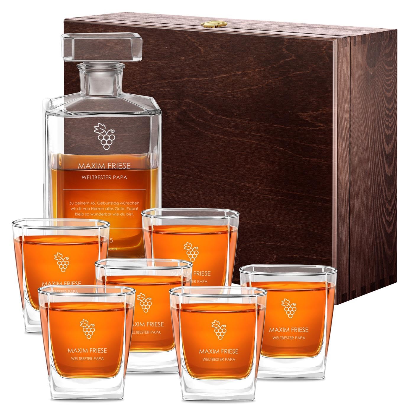 Maverton Bourbon Whiskey Karaffe + 6 Whiskygläser mit Gravur personalisiert