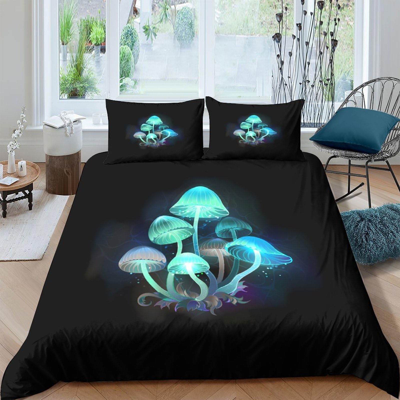 Ctjqhvkz Style-1 3D Printed Glowing Mushroom Fitted Sheet Microfiber Soft Black Fantasy Forest Bed Cover For Bedroom Dorm Mattress Decor Single（135X200cm）