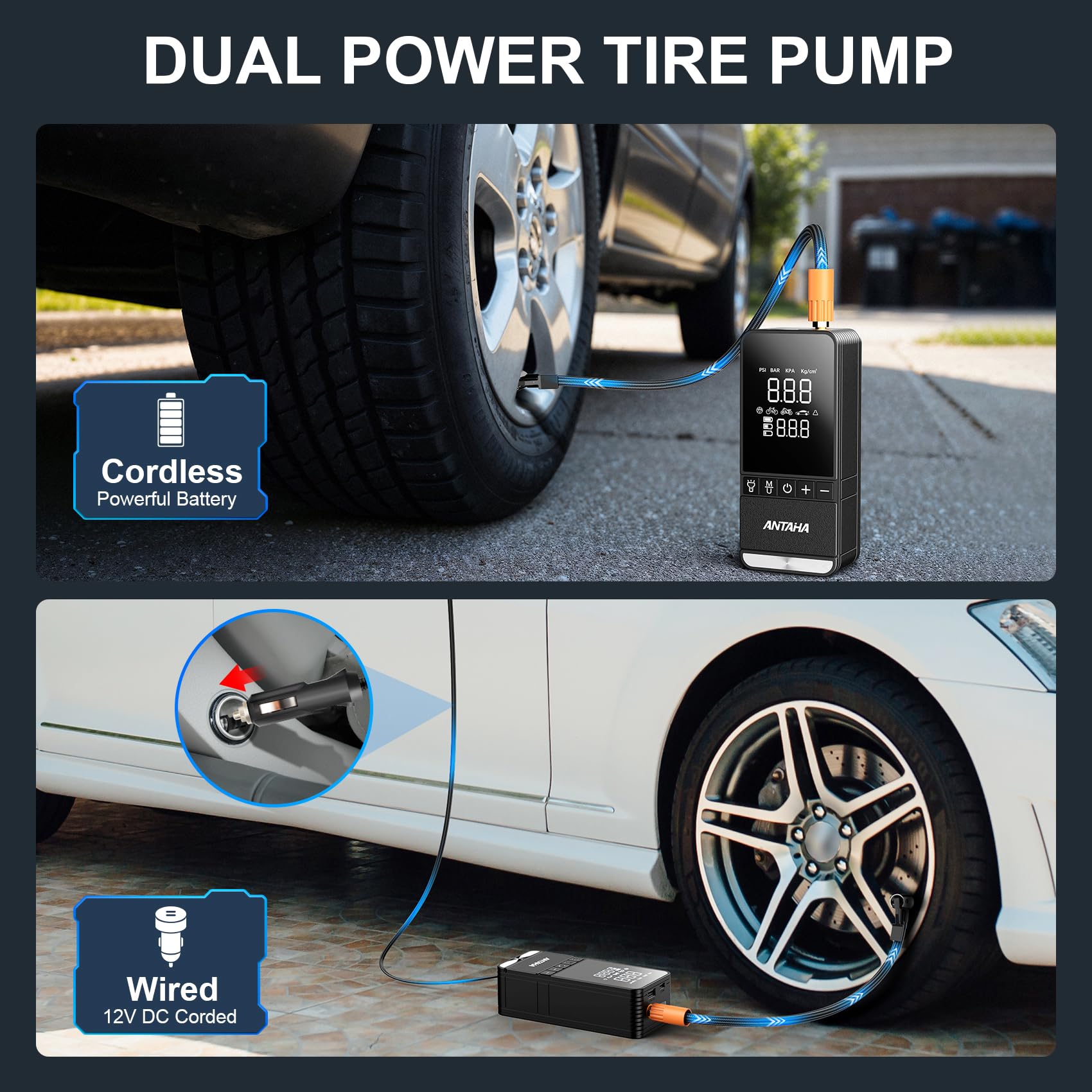 Compresor de aire portátil para neumáticos, bomba de aire inteligente de 150 PSI para neumáticos de automóvil con medidor de presión digital, bomba de neumáticos para automóviles