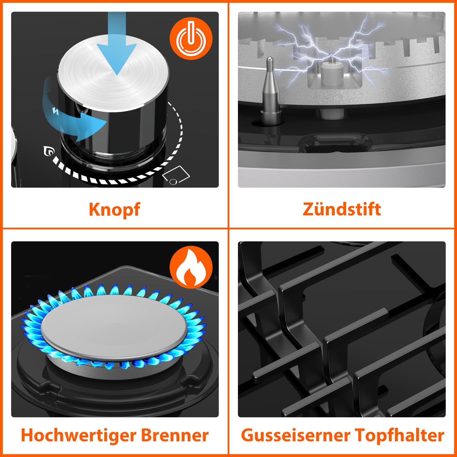 Topwish Gaskochfeld 4 flammig, Gaskochfeld mit blaue beleuchteter drehknopf | Gaskochfeld einbau 60cm, Gasfeld 4 flammig, NG/LPG konvertierbar, flammabriss Schutz, Zündautomatik, 8000 Watt