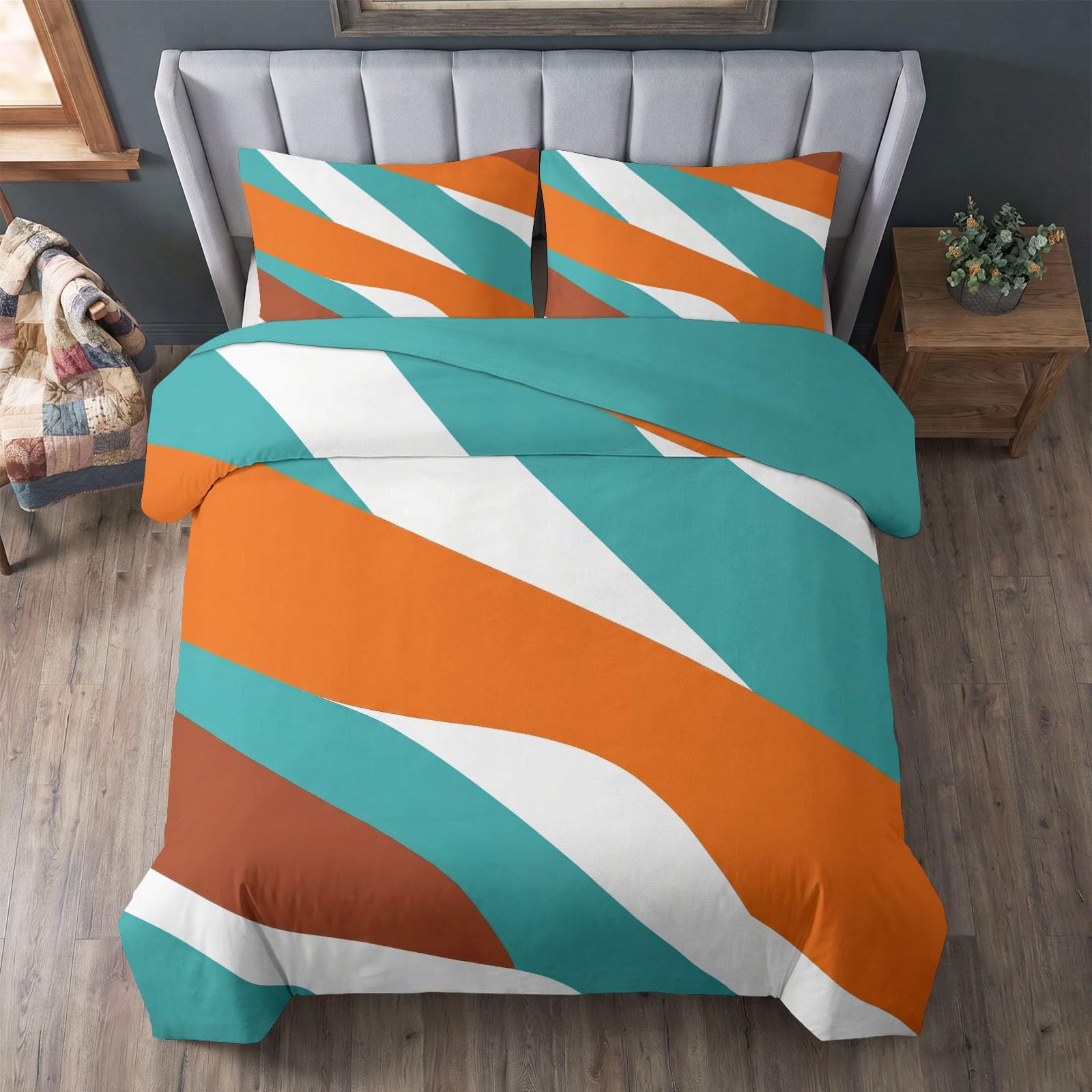 Generisch Bettwäsche Set 3-teilig 200 x 200 cm, Abstrakt Vintage Kinderbettwäsche Mikrofaser mit Reißverschluss - Bettbezug Pinselstriche Industrieller Used-Look für Jungen Mädchen Cyan Bettwaren
