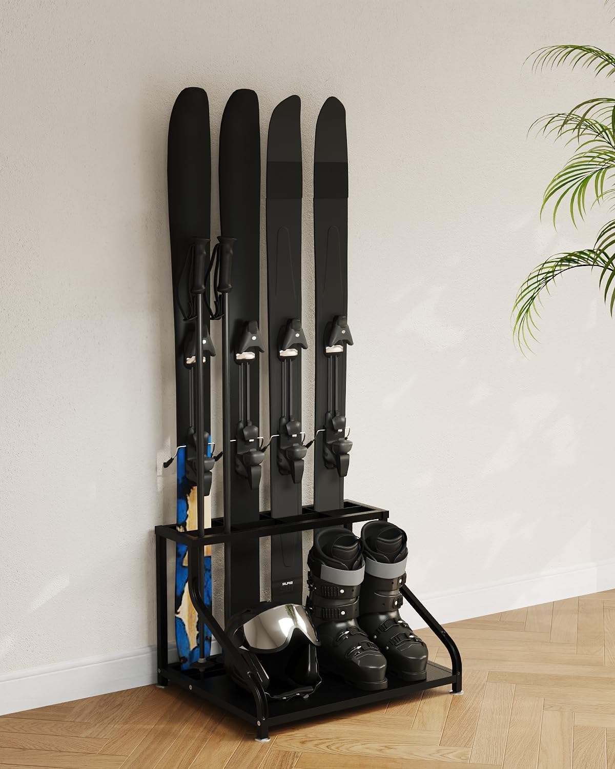 Ski Storage Rack, Steel Free Standing Ski Organizer for 4 Skis, Boots, Poles, Helmet, Goggles, Multi-Purpose Indoor Snowboard Rack, Winter Gear Holder for Garage, Basement, Entryway, 23"x19"x16"