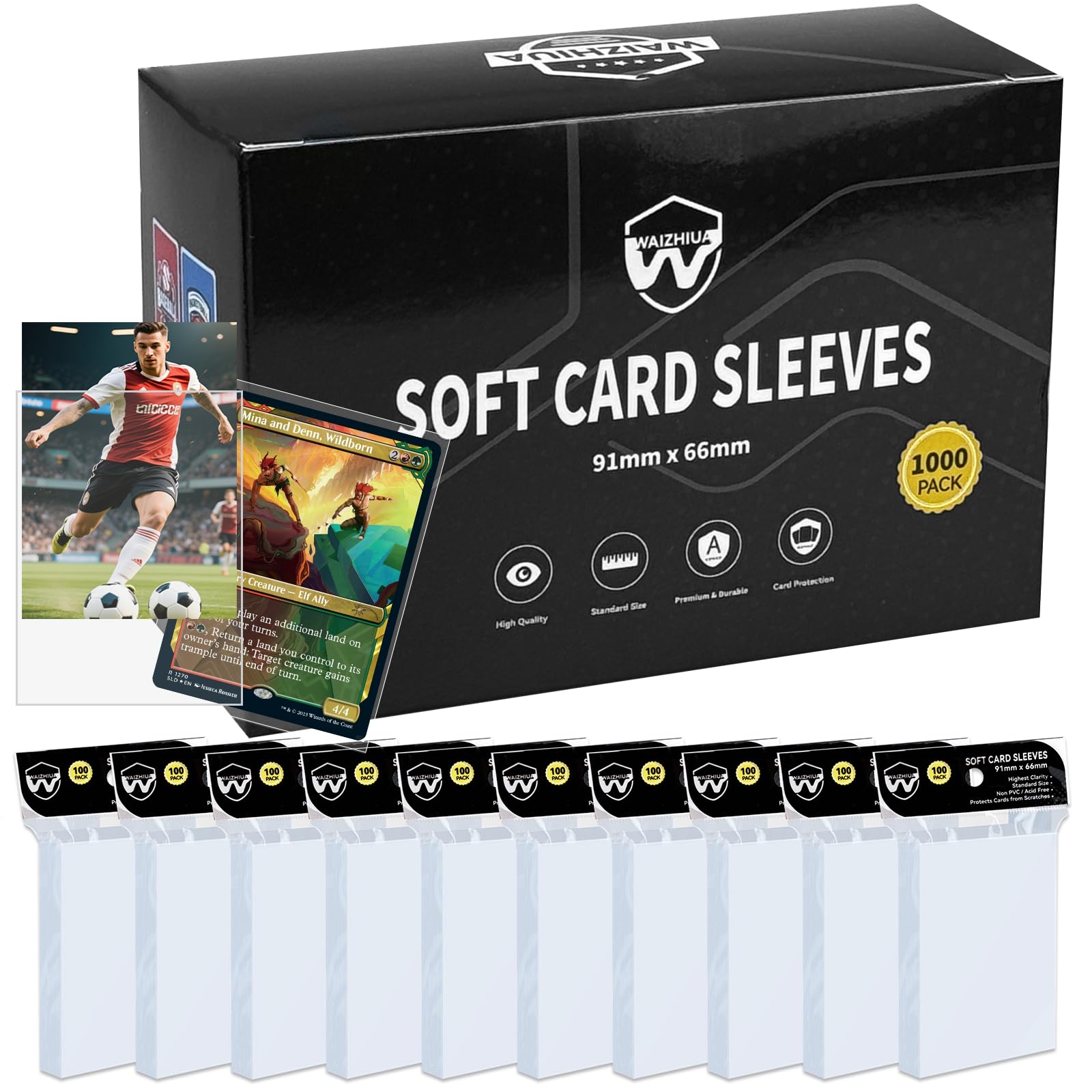 WAIZHIUA 1000 Pcs Trading Card Sleeves - 66x91mm Standard Top Loaders, Clear Penny Sleeves Fit for Sports, Game, MTG, Football Cards