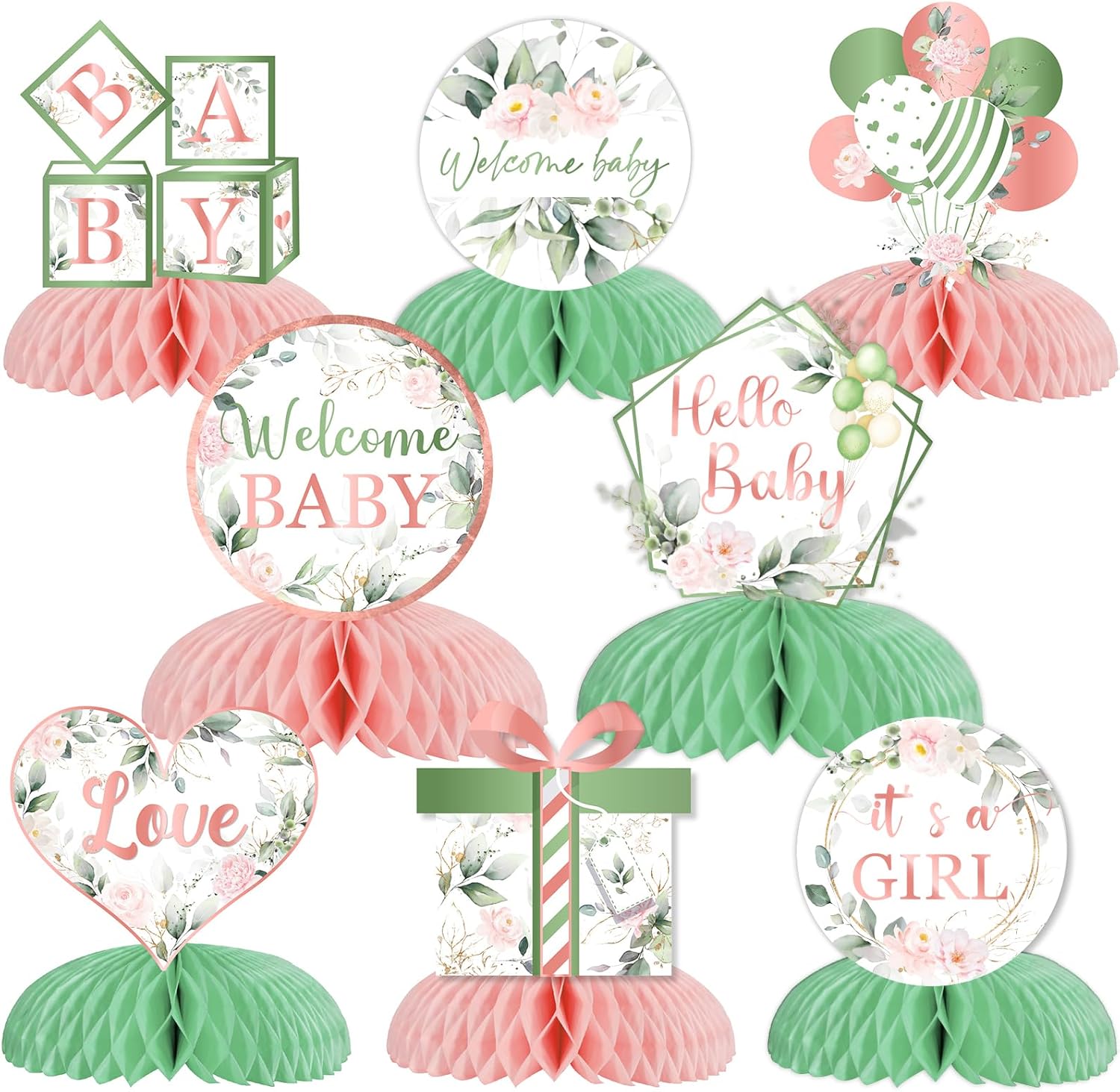 Sage Green and Pink Baby Shower Decorations for Girl 8pcs