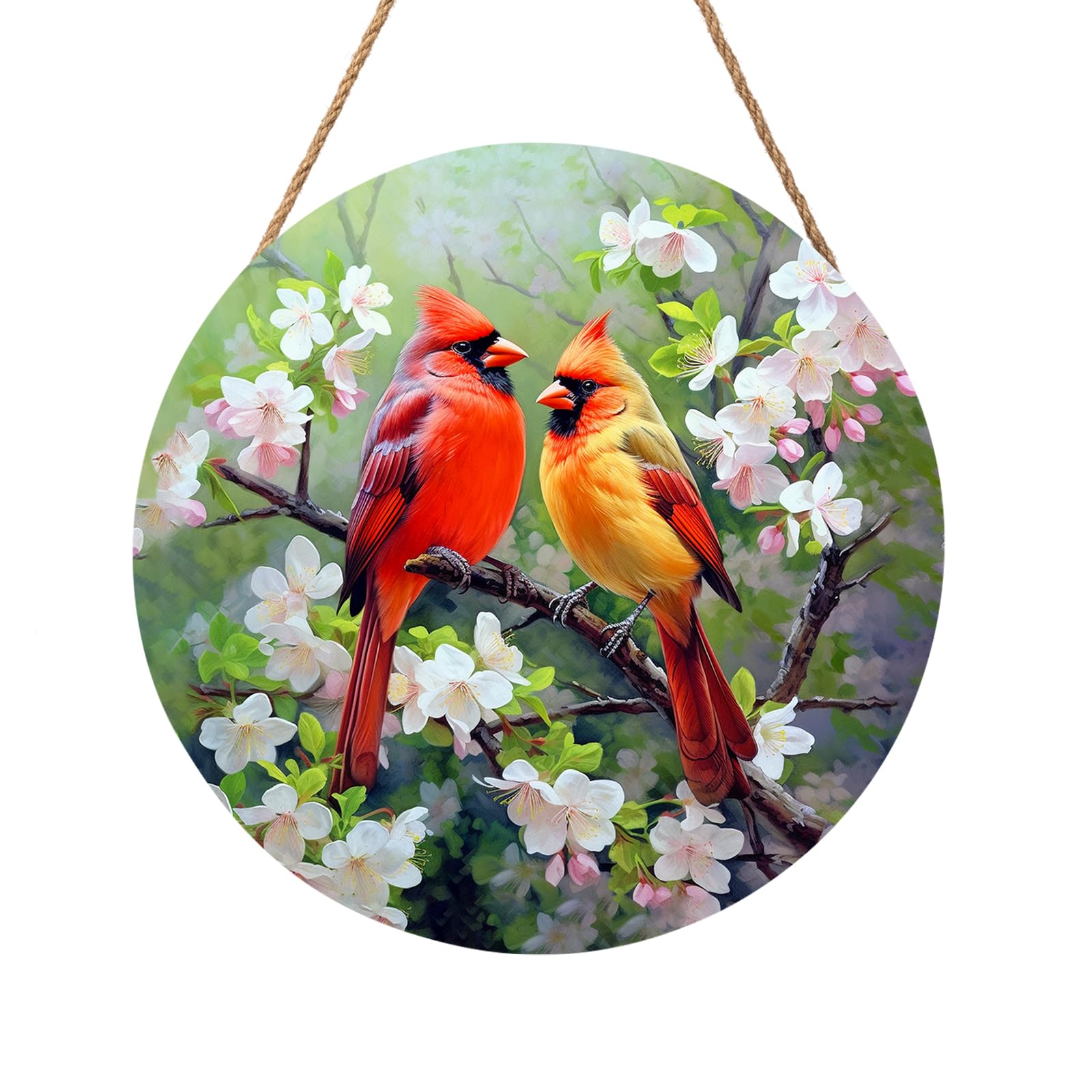 Harooni Spring Summer Birds Welcome Door Sign for Front Door Decor,Spring Pink Floral Round Wood Hanger Wreath for Outside Farmhouse Wooden Wreath for Porch Wall Hanging Sign Plaque Decoration 12"x12"