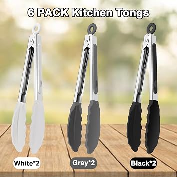 6 PCS Silicone Tongs,Cooking Tongs with Silicone Tips,7 Inch Stainless Steel Silicone Kitchen Tongs,Heat Resistant Non-Stick,for Cooking Grilling Salad,BBQ Tongs with Locking