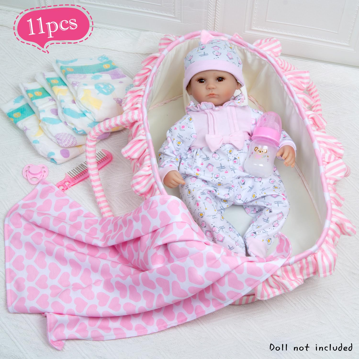 PEDOLLTREE - 11pcs Reborn Baby Doll Kleidung für Mädchen, rosa Mädchen Outfit Zubehör für 40,6–45,7 cm Puppe, Neugeborenes Mädchen mit rosa Herz Krippe