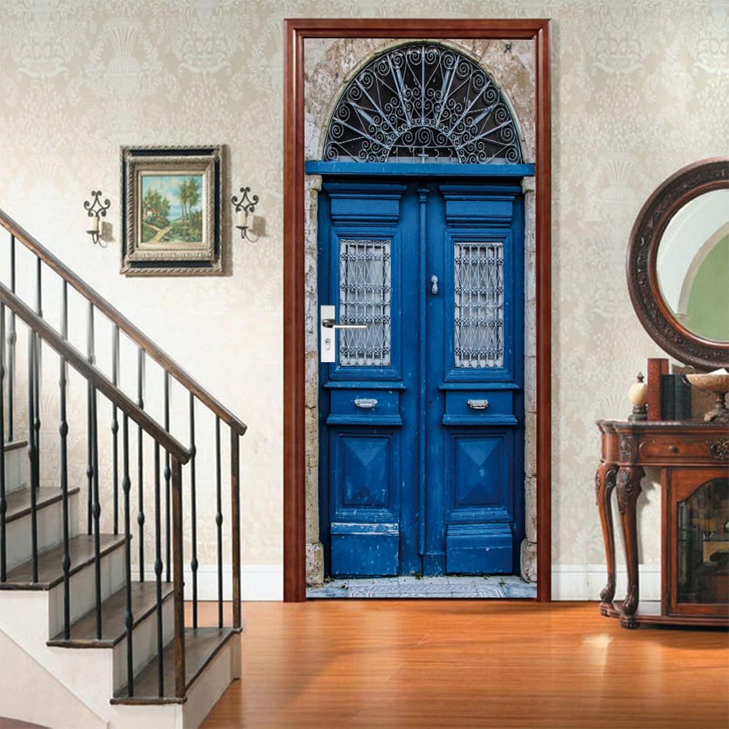 A.Monamour 3D Door Stickers for Interior Doors Blue Wooden Front Door to The House in The Mediterranean Vinyl Waterproof Self Adhesive Door Mural Decals for Bedroom Office Bathroom 95 x 215 cm