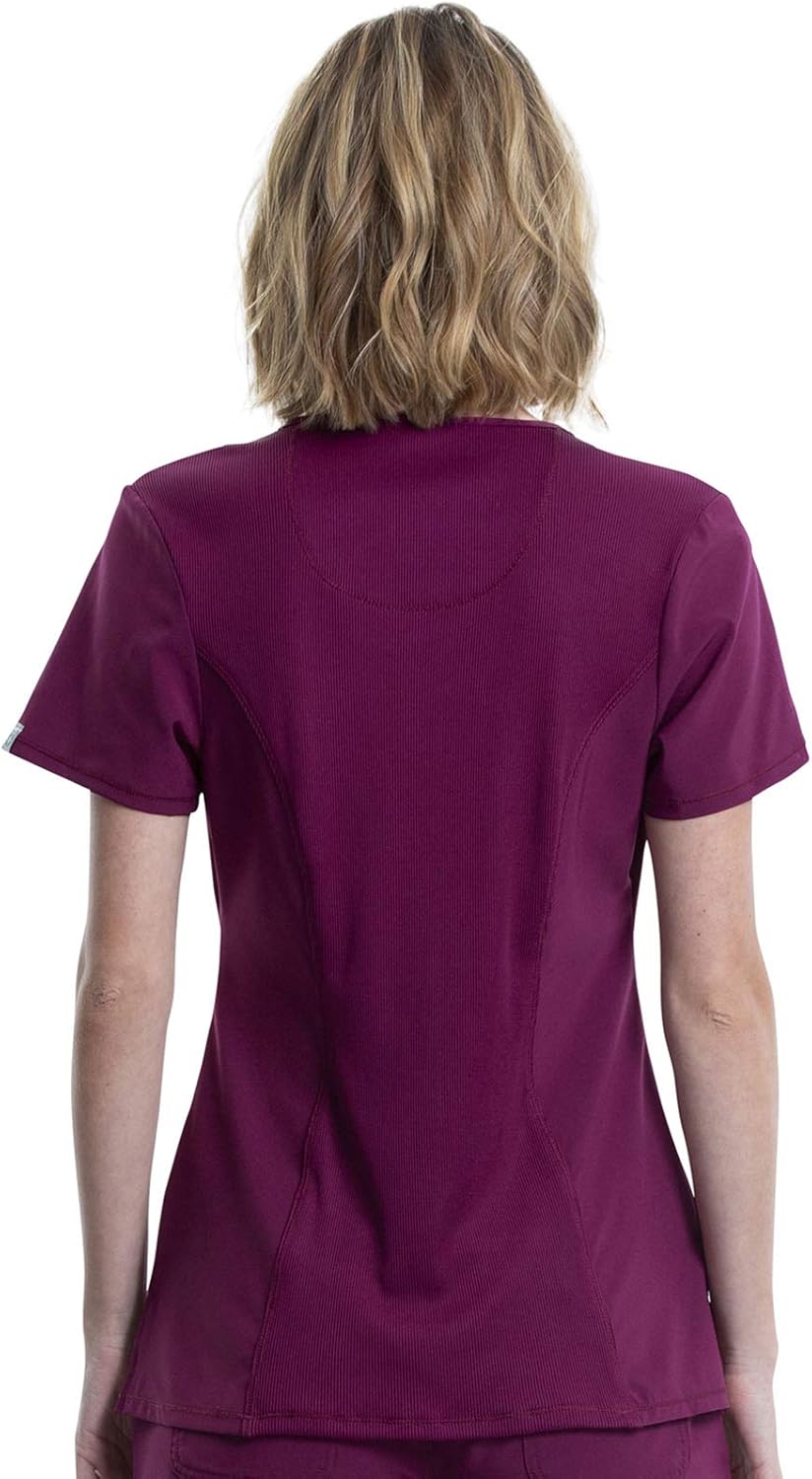 Infinity Round Neck Scrub Top for Women 4-Way Stretch 3 Pockets with Side Vents and Rib-Knit Back Panel 2624A Small Wine