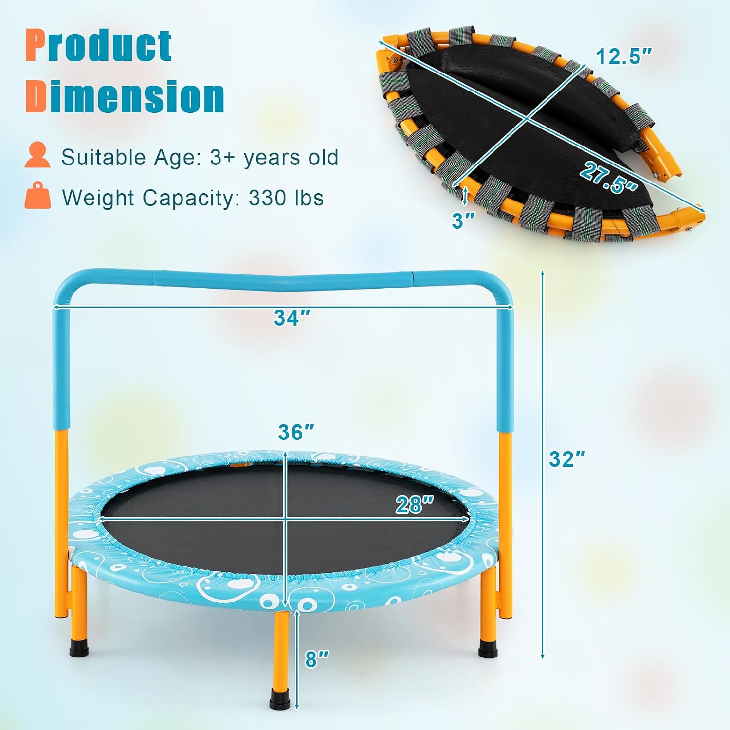 GYMAX Indoor Trampoline, 36” ASTM Approved Kids Trampoline with Removable Handrails & Safety Pad, Spring-Free Folding Mini Rebounder, Small Fitness Trampoline for Toddler/Adults