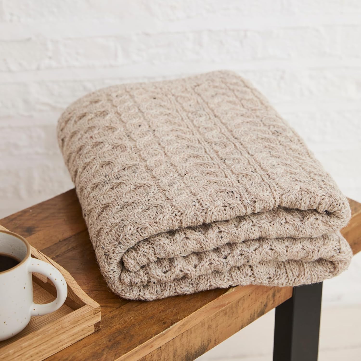 Irish Wool Blanket, 100% Worsted Wool, Traditional Cable Knit Design, Durable & Ethically Made in Ireland, Bertra, Skiddaw, 36x60 Inches