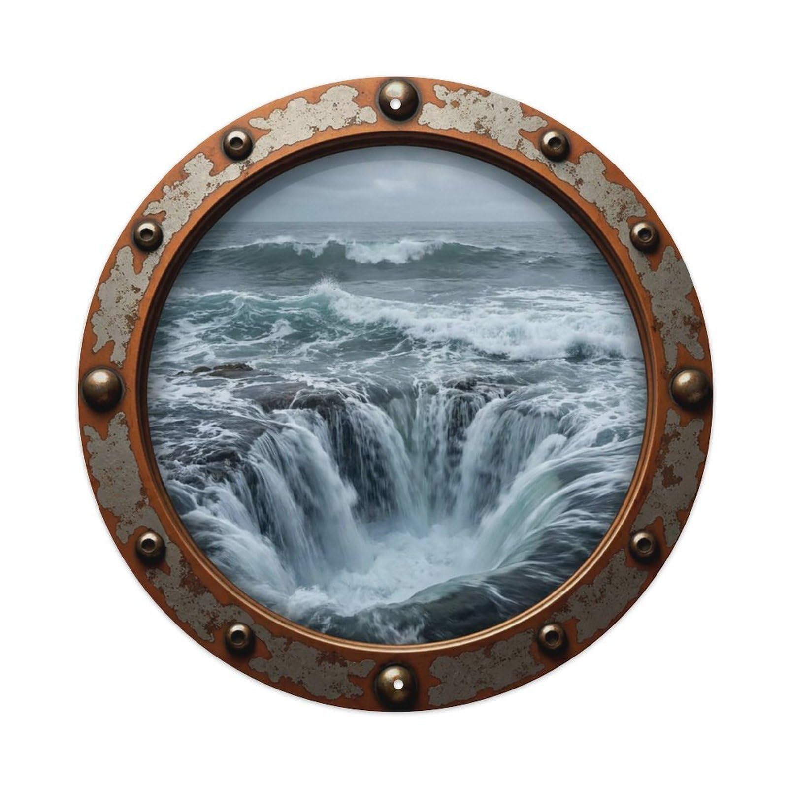 Vintage Porthole Cascading Waves Nautical Window View Vintage Metal Tin Sign Plaque Wall Decor for Cafe, Club Bar, Office, Garden Metal Poster 8x8Inch