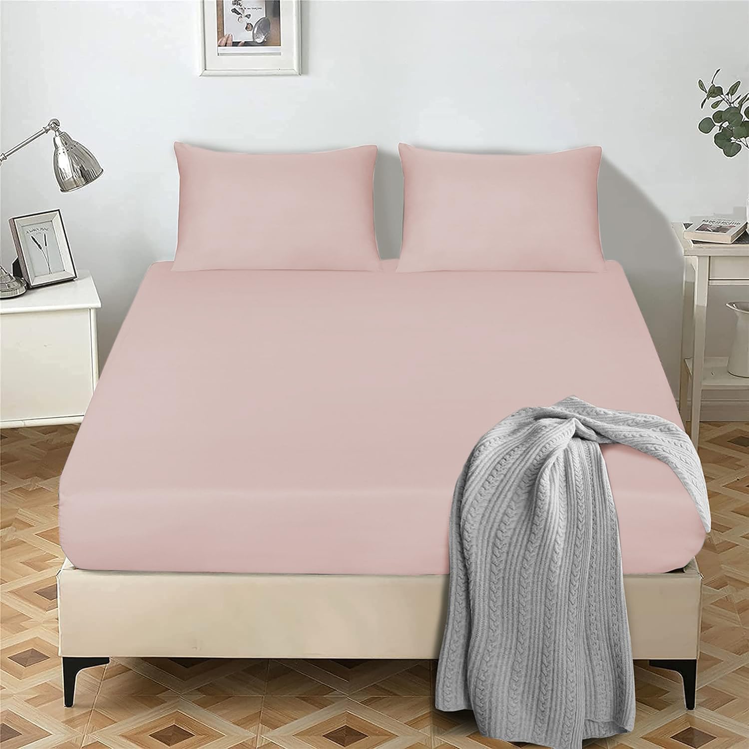 My home store Fitted Sheet 25 cm Deep Brushed Microfiber Ultra Soft No-Iron Wrinkle-Resistant Plain Dyed Fitted Bed Sheets Hypoallergenic Breathable Sheets (Blush, Double)OEKO-TEX STANDARD 100