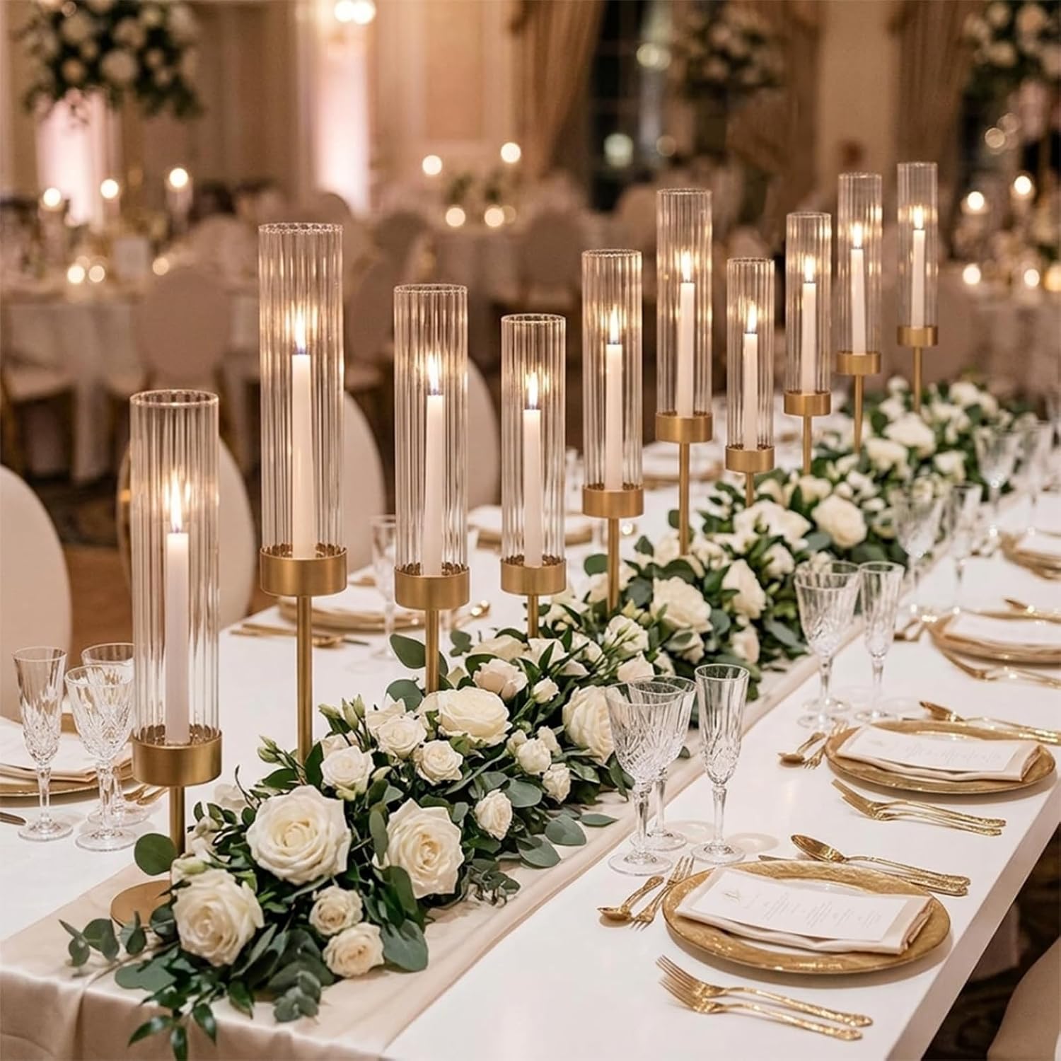 Gold Hurricane Candlestick Candle Holders - Set of 12, Brass, Fluted Glass