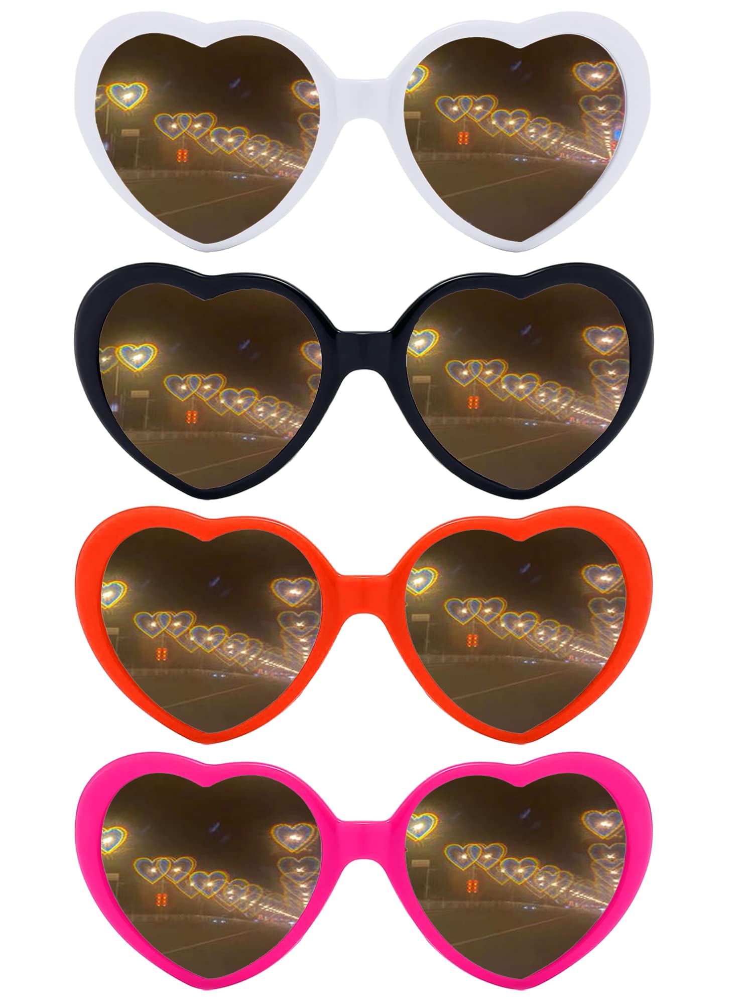 Antsoldier4pcs Heart Effect Diffraction Glasses, Heart Sunglasses with Heart Effects, 3D love heart light glasses for Party and Play