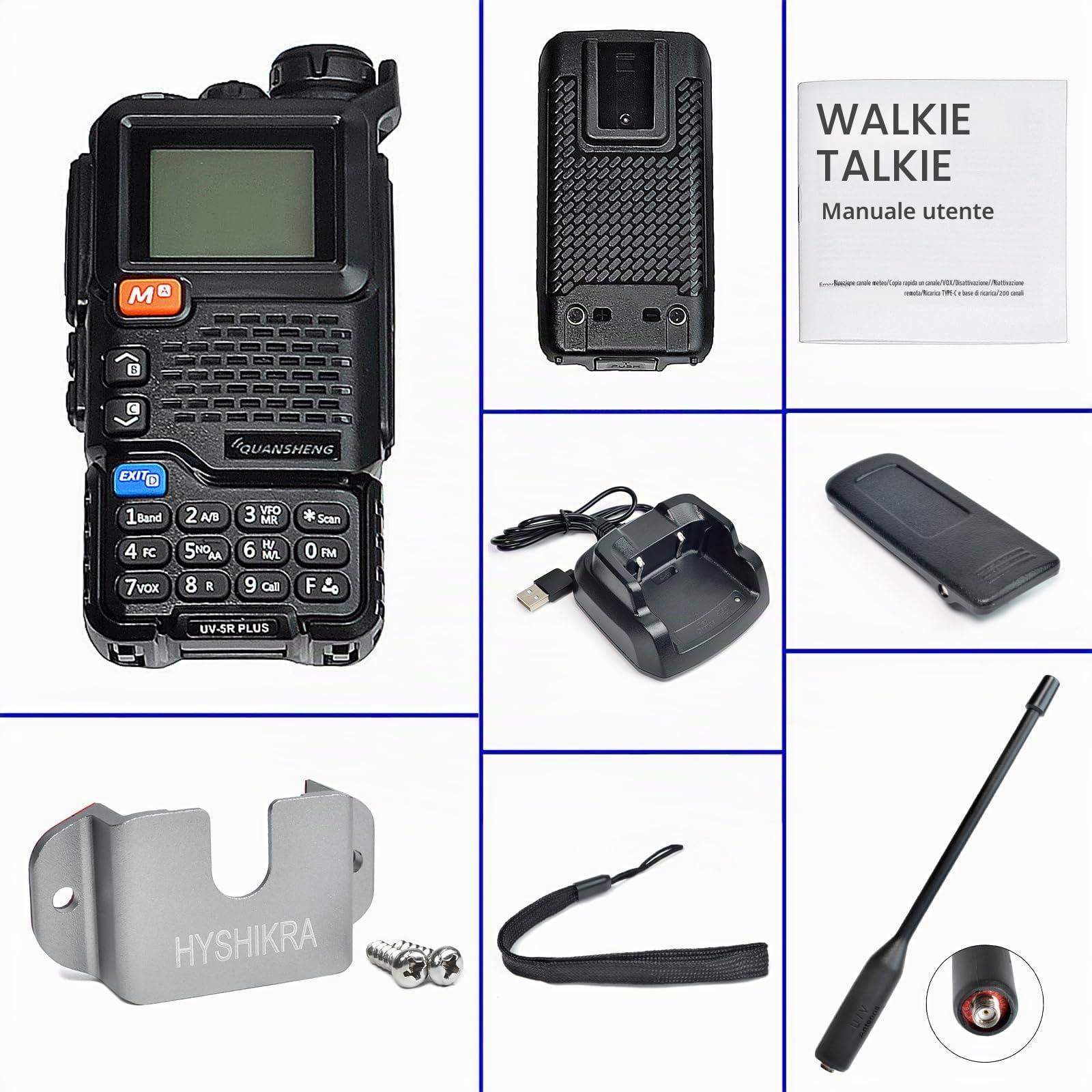 Quansheng UV5R Plus VHF UHF portatile Walkie Talkie FM NOAA | Radio a due vie per studio/esterno/auto (con supporto per radio)
