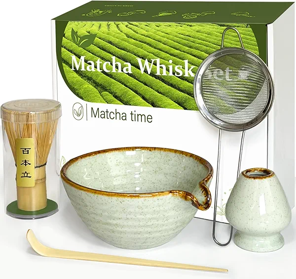 Vaiheng Matcha Whisk Set with Matcha Bowl, Matcha Whisk Holder Matcha Bamboo Whisk, Scoop, Sifter, Unique Gifts for Women Men Girl Friend Home Kitchen Decor Gifts for Tea Enthusiasts Christmas