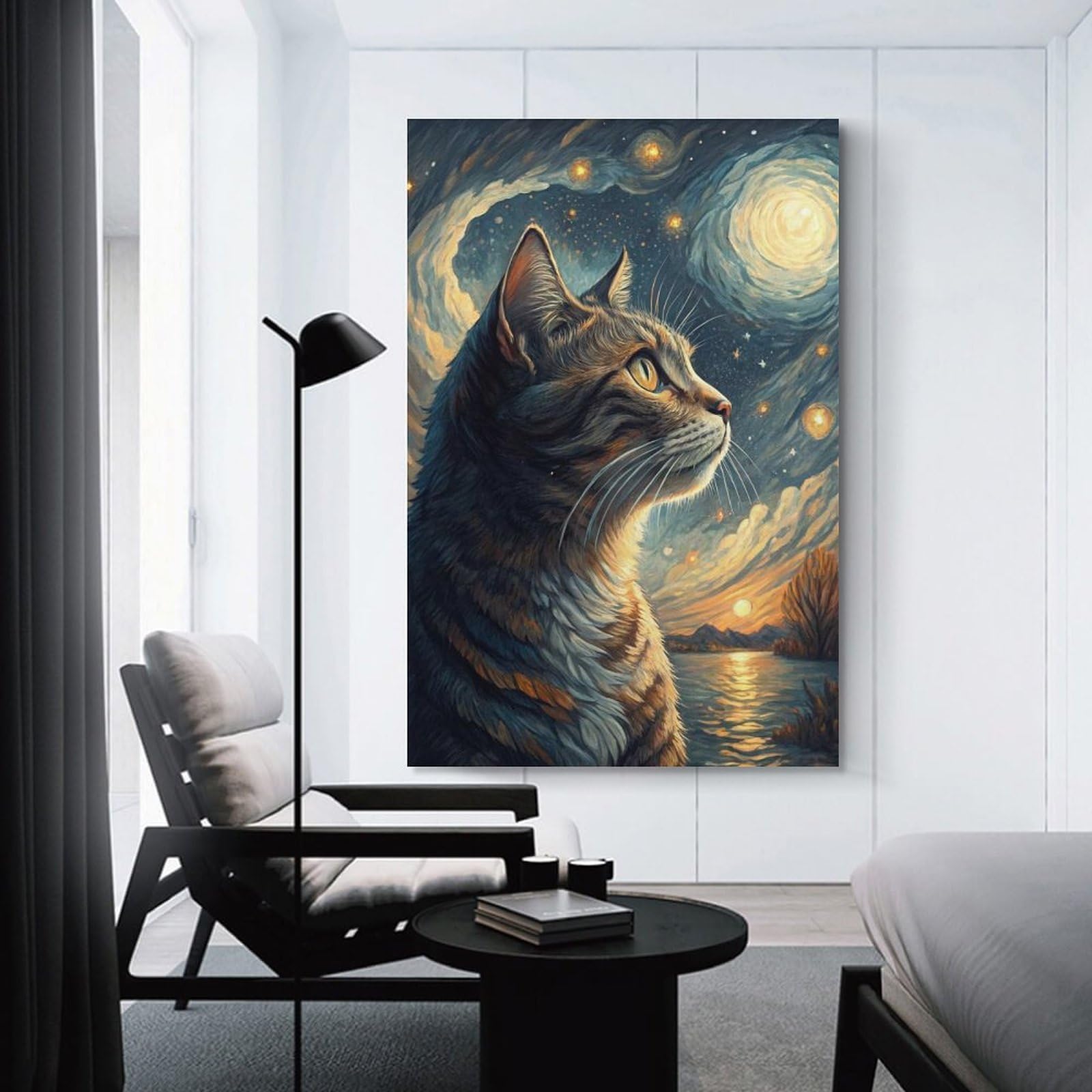 Junmoney Cat Looking at Starry Sky Wall Picture Print 20x30inch(50x75cm), for Entrance Spaces, Stair Walls Or Halls, Decorative Canvas Styling for Entry Areas