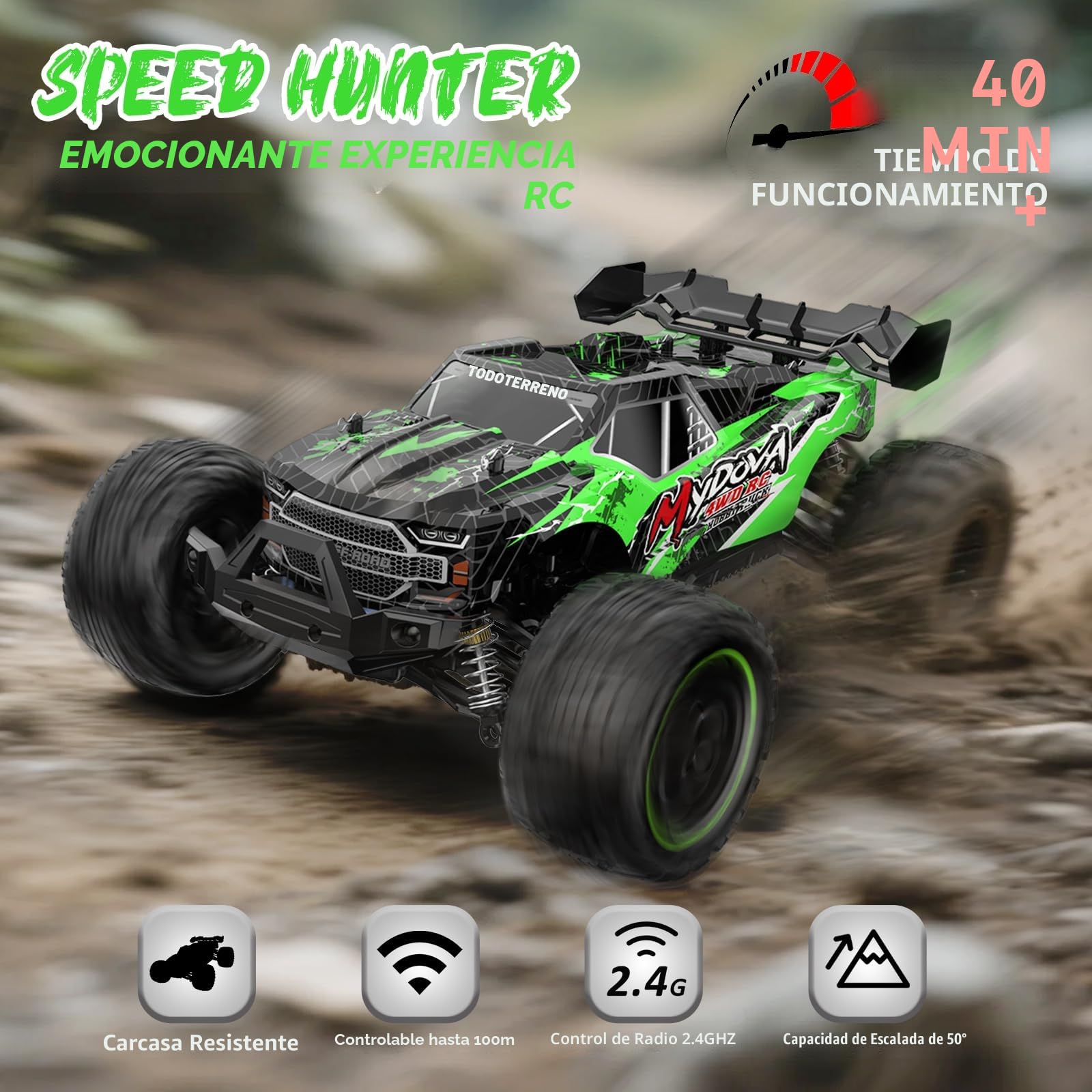 Coche teledirigido 1:14, 4 x 4 de Alta Velocidad RC Offroad 40 km/h, 2,4 GHz 4WD Coche Radiocontrol Drift Buggy Cars con 2 Baterías, Juguete Regalo para Niños Adulto