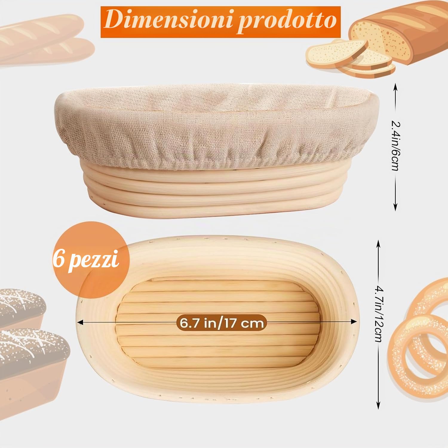 Confezione da 6 cestini ovali lunghi per la lievitazione del pane, in rattan, con fodera in lino, per panettieri professionali e casalinghi, 17 x 11,9 x 6,1 cm | Set di cesti in rattan fatti a mano per la produzione di pane e pasta saura, 6 pezzi (17,8 cm