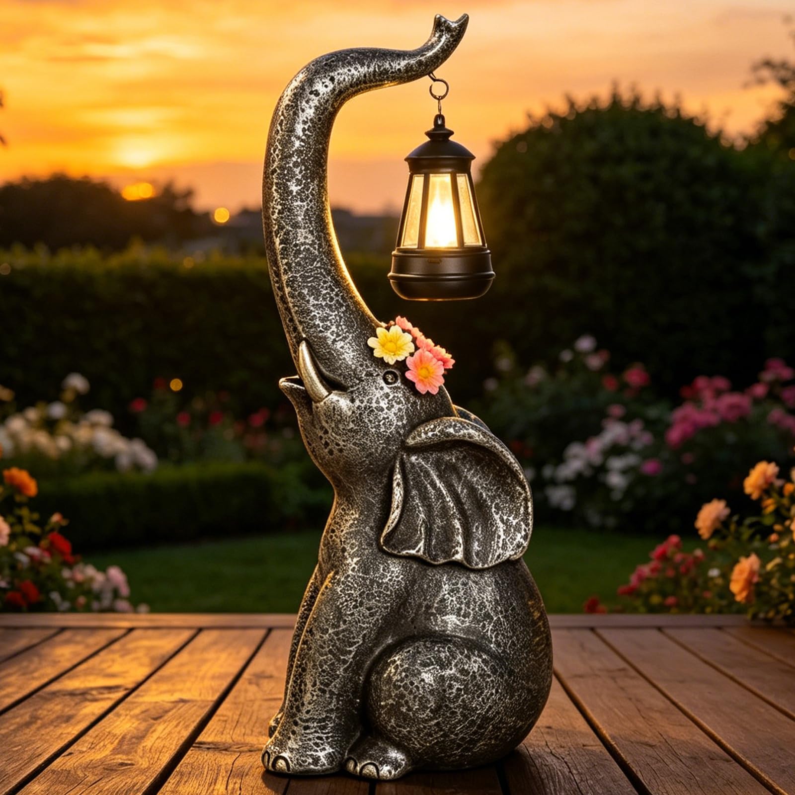 OUTONLIFE Solar Elephant Garden Statue with LED Lights, Lucky Symbol Garden Sculpture, Waterproof Resin Outdoor Decor for Patio Yard Lawn Balcony Courtyard, Gift for Mom Women Housewarming