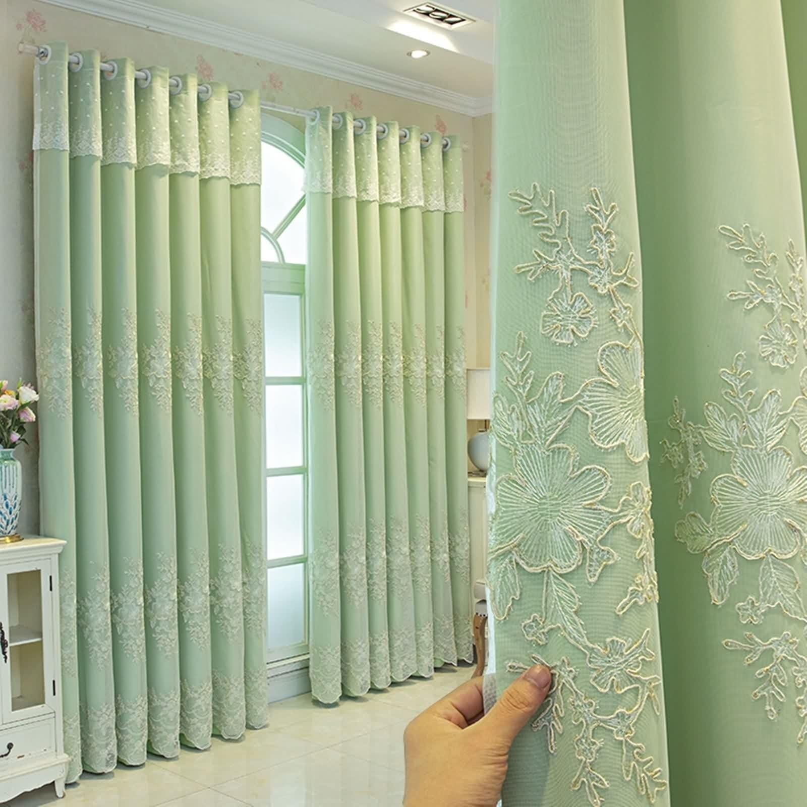 Rideau Chambre Fenetre Vert, Occultant Rideaux Chambre Adulte Lot de 2 Polyester Coton Broderie en Dentelle Double Couche LxH 132x115cm
