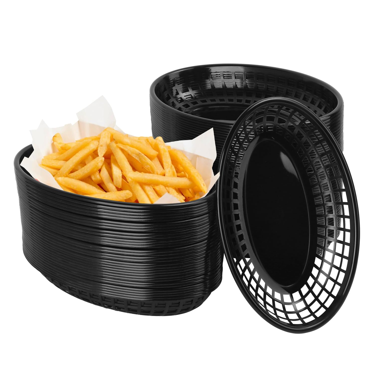 90 Pcs 9 x 5.7 Inch Reusable Oval Fast Food Baskets, Sturdy Plastic Serving Baskets for Fast Food, Parties, Picnics, BBQs and Snacks, by KUKLIPJIM.(Black)