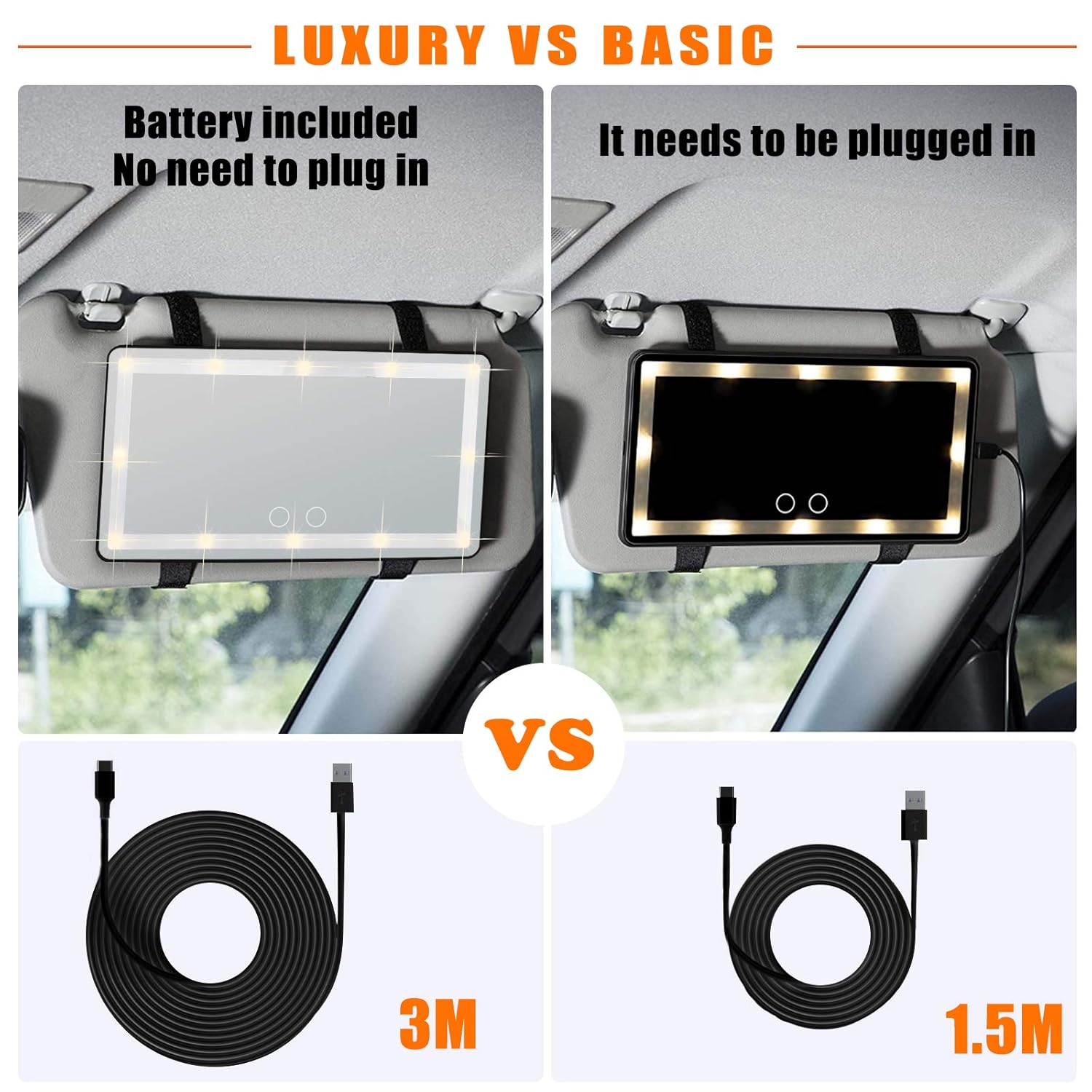 Car Visor Vanity Mirror,Car Makeup Mirror with 60 LED Lights,Car Cosmetic Mirror with Built-in Battery,Rechargeable Touch Screen LED Makeup Travel Mirror,3 Light Mode Dimmable (with Battery, Black) : Beauty & Personal Care
