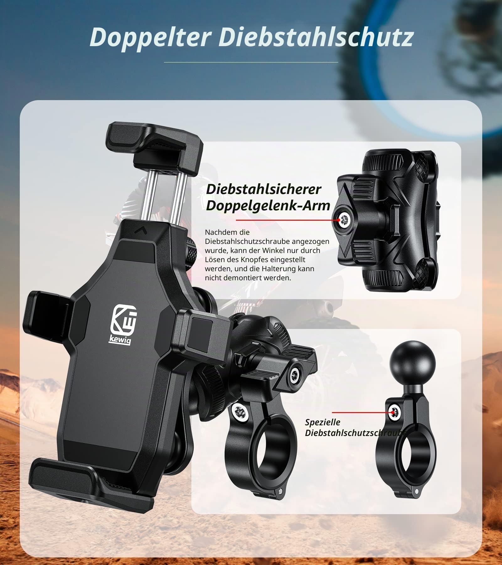 Kewig Motorrad Handyhalterung mit Vibrationsdämpfer und Hochgeschwindigkeits Sicherheitsschloss, neueste Anti-Diebstahl-Handyhalterung für Motorrad passend für 4.7–7.2“ Handys