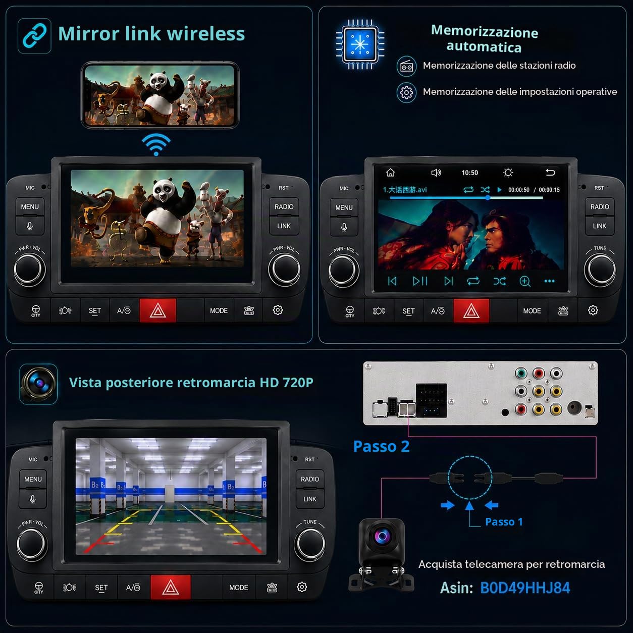FIAT Panda 2013-2020 Autoradio 1 DIN CarPlay wireless Android Auto DSP RDS | Sistema Linux,avvio rapido 2s,Plug&Play,Bluetooth,CANBUS,comandi volante originali,schermo supporto telecamera posteriore