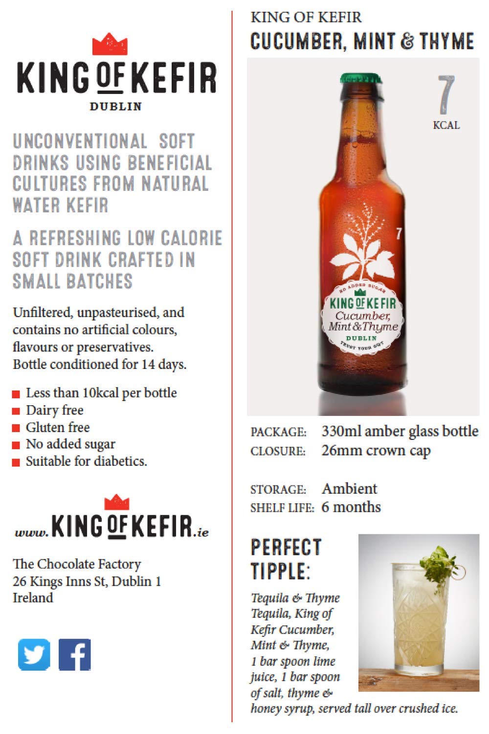 Cucumber, Mint & Thyme Flavoured Water Kefir Drink Low Calorie Soft