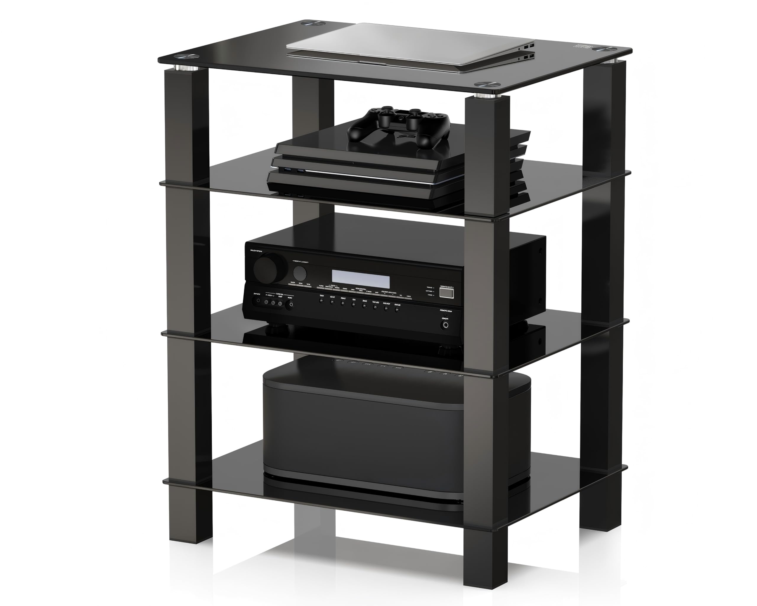 FITUEYES HiFi Rack AV półka 4-poziomowy szklany stojak na telewizor z półkami do przechowywania mediów ze szkła hartowanego, czarny