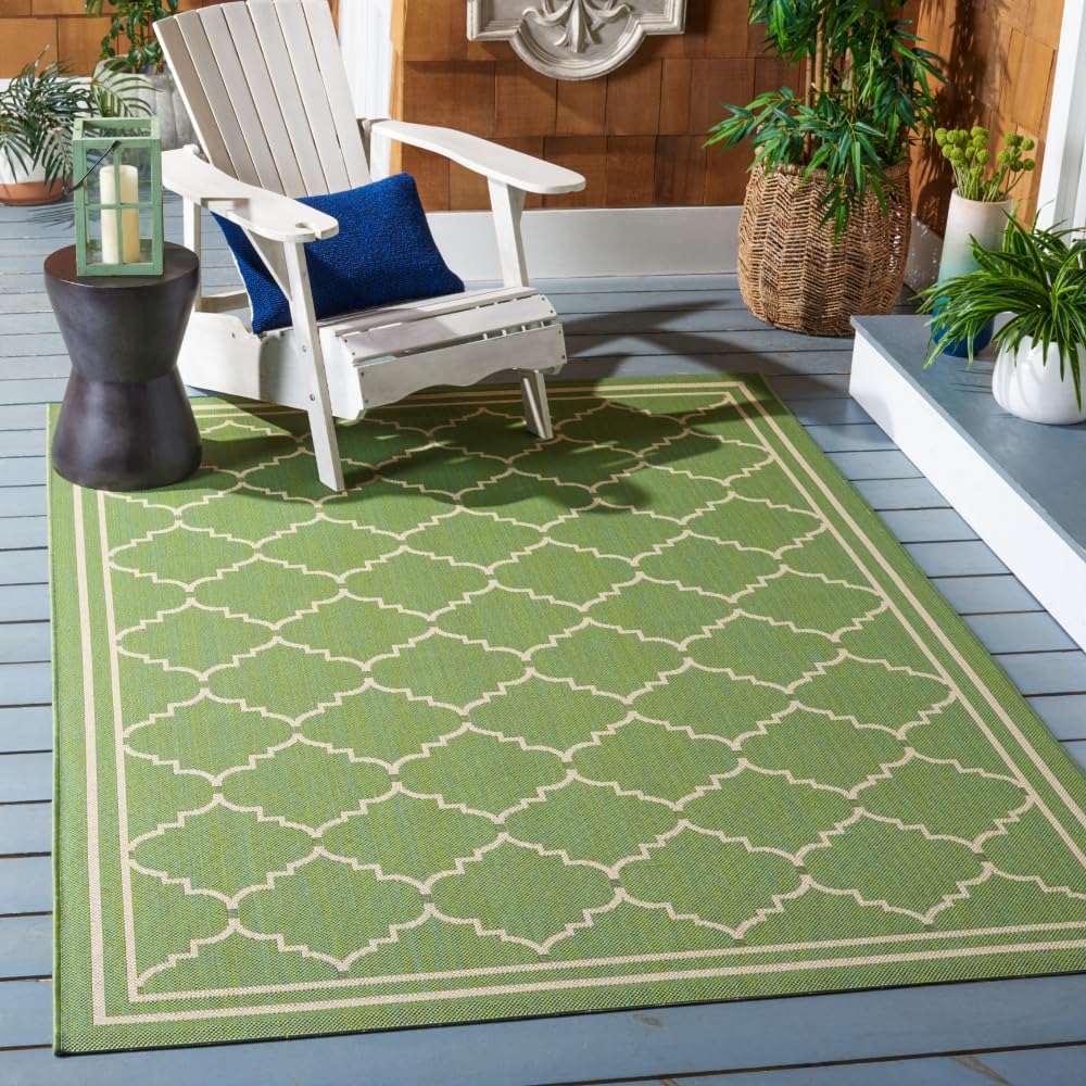 SAFAVIEH Washable Rug Outdoor Courtyard Collection - 6'7" x 9'6", Green & Beige, Non-Shedding & Easy Cleaning, Ideal for Patio, Backyard, Mudroom (
