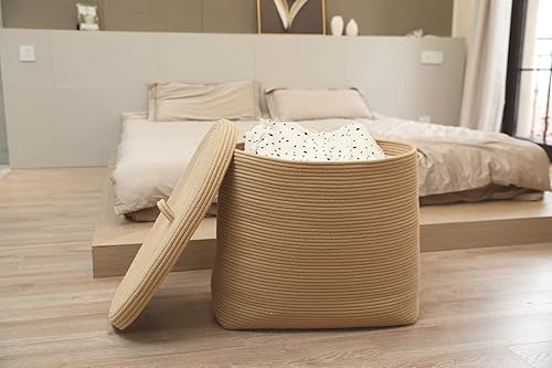 Miniatura 53 de Cesta de almacenamiento rectangular extragrande de 22 x 14 x 18 pulgadas con tapa, cesta de almacenamiento grande de cuerda de algodón, cesta