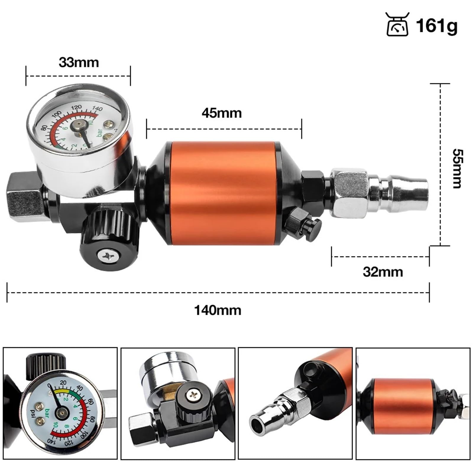 Regolatore d'aria integrale con filtro dell'aria, kit regolatore di pressione dell'aria in linea for impieghi gravosi for pistole a spruzzo e utensili pneumatici (1/4 NPT)
