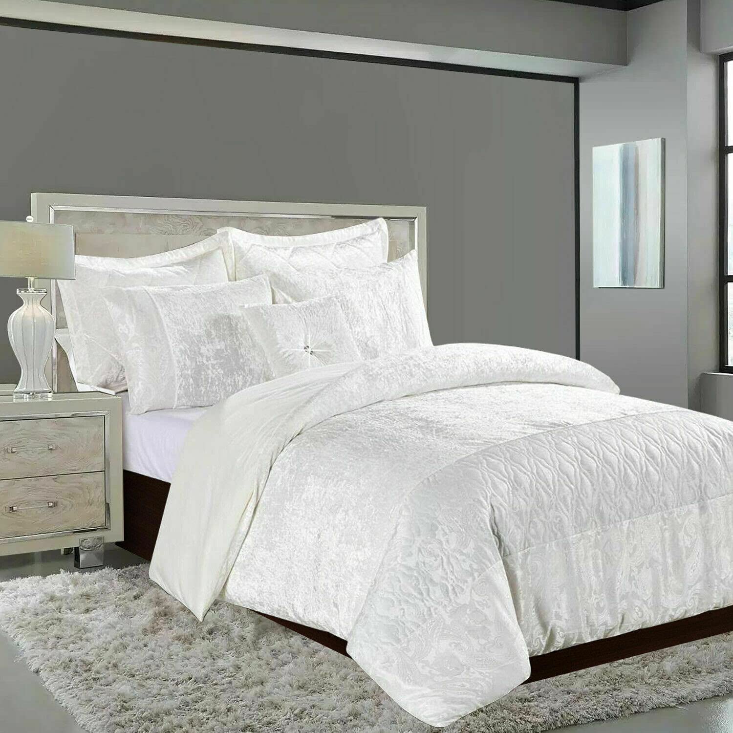 Duvet Set White Santiago Luxury Crushed Velvet Duvet Cover Set, King Size, Paisley Design, 1 Duvet Cover, 2 Pillow Cases