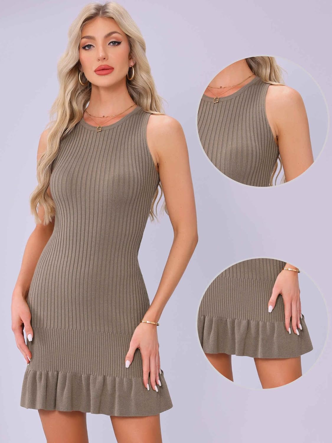 Allegra K Ruffle Ribbed Dress for Women Crew Neck Sleeveless Knit Bodycon Tank Mini Dresses - Image 4