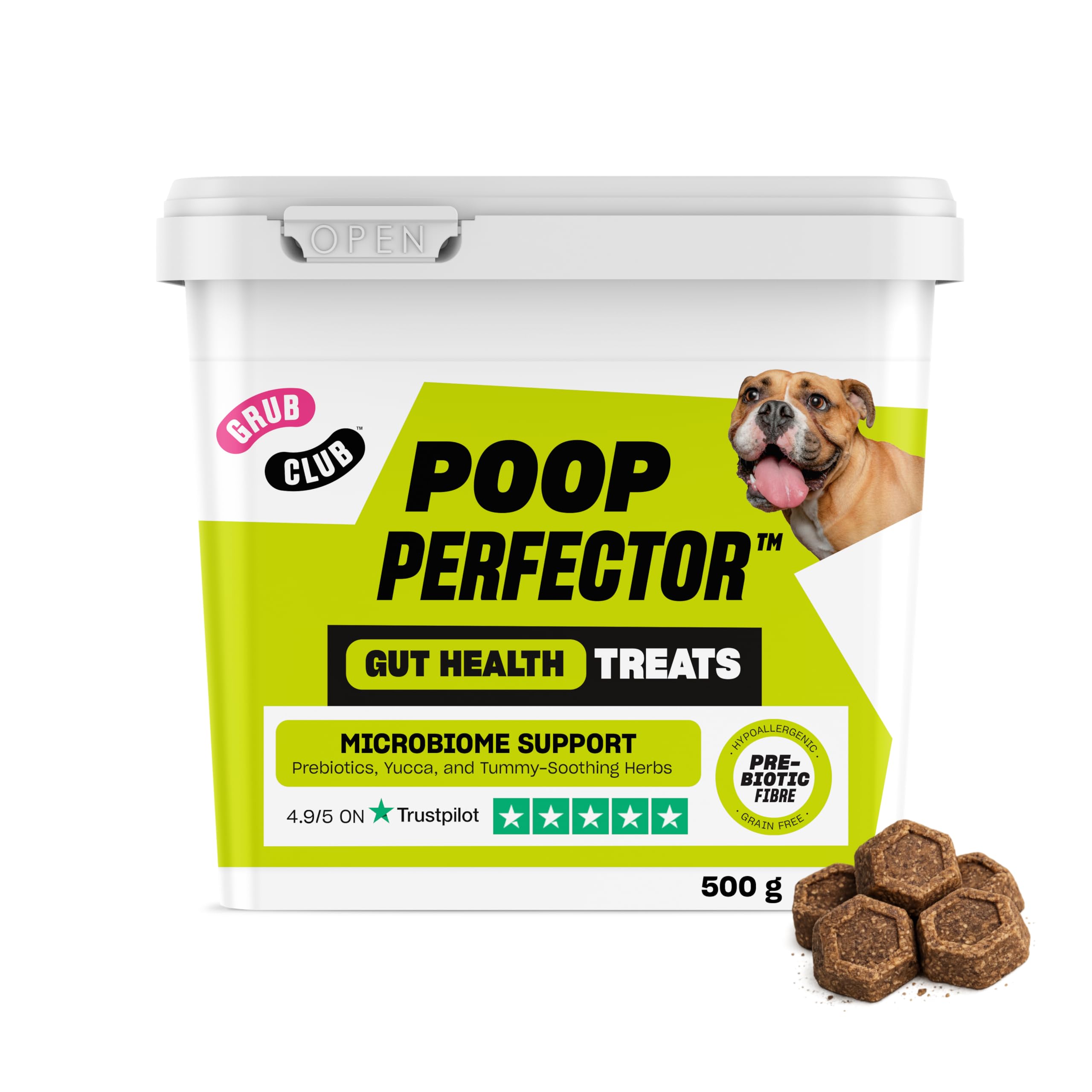 Grub Club Insect Protein Superfood Dog Treats for Digestion & Sensitive Stomachs - Grain Free, High Protein and Planet Friendly - Poop Perfector (500g Tub)