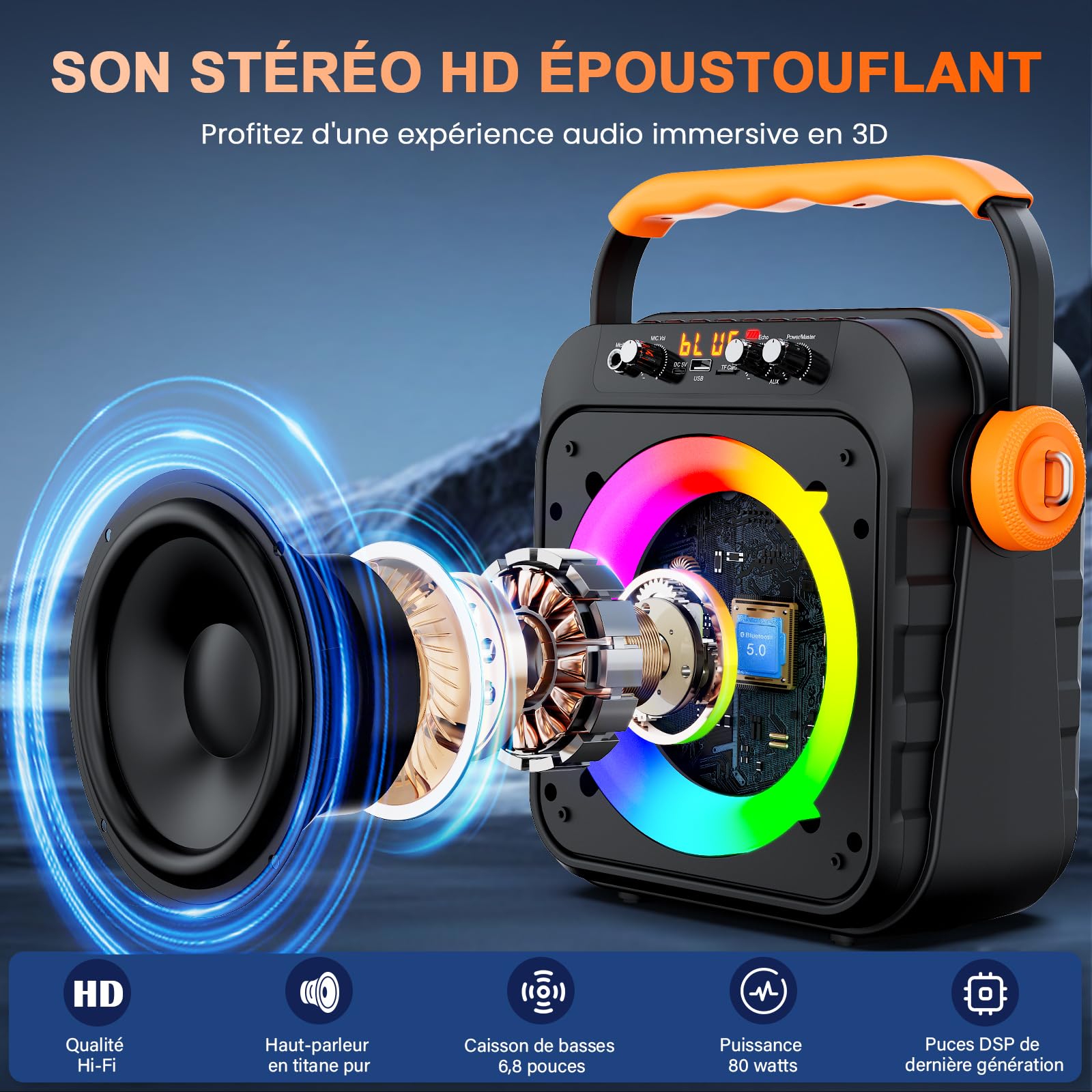 JYX Enceinte Karaoke 2 Micro sans Fil, 80W Puissance Système de Sonorisation, Subwoofer 6,8'' karaoké Professionnel, Batterie 6500mAh, Lumières LED, Idéal pour Fêtes