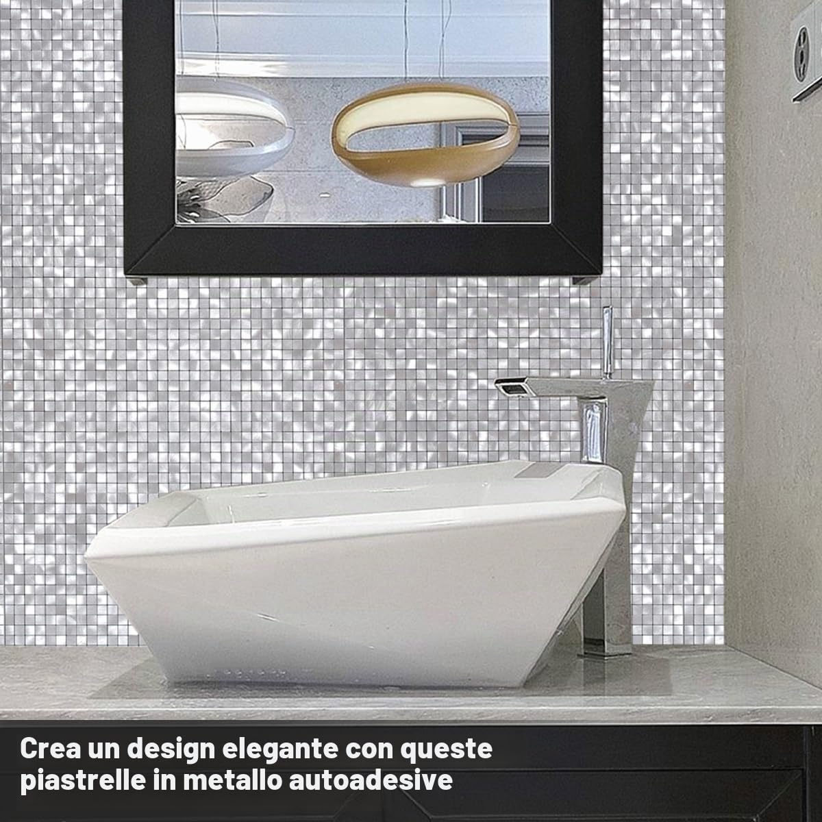 BeNice Piastrelle Adesive per Cucina e Bagno - Mosaico Metallico Bianco Argento (10 Pezzi)