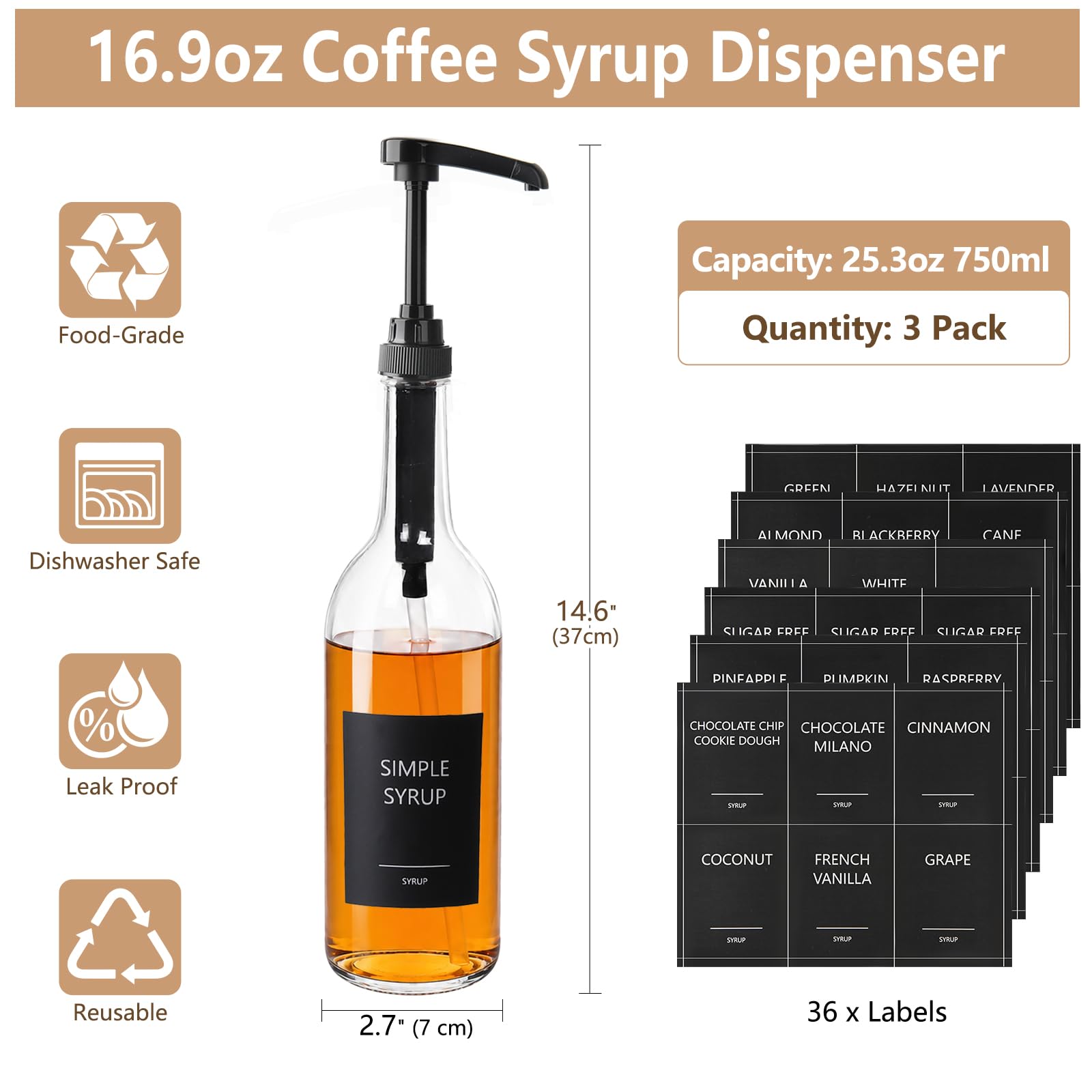 YBCPACK Kaffeesirupspender aus Glas, rund, 750 ml, schwarze Pumpe, 3 Stück