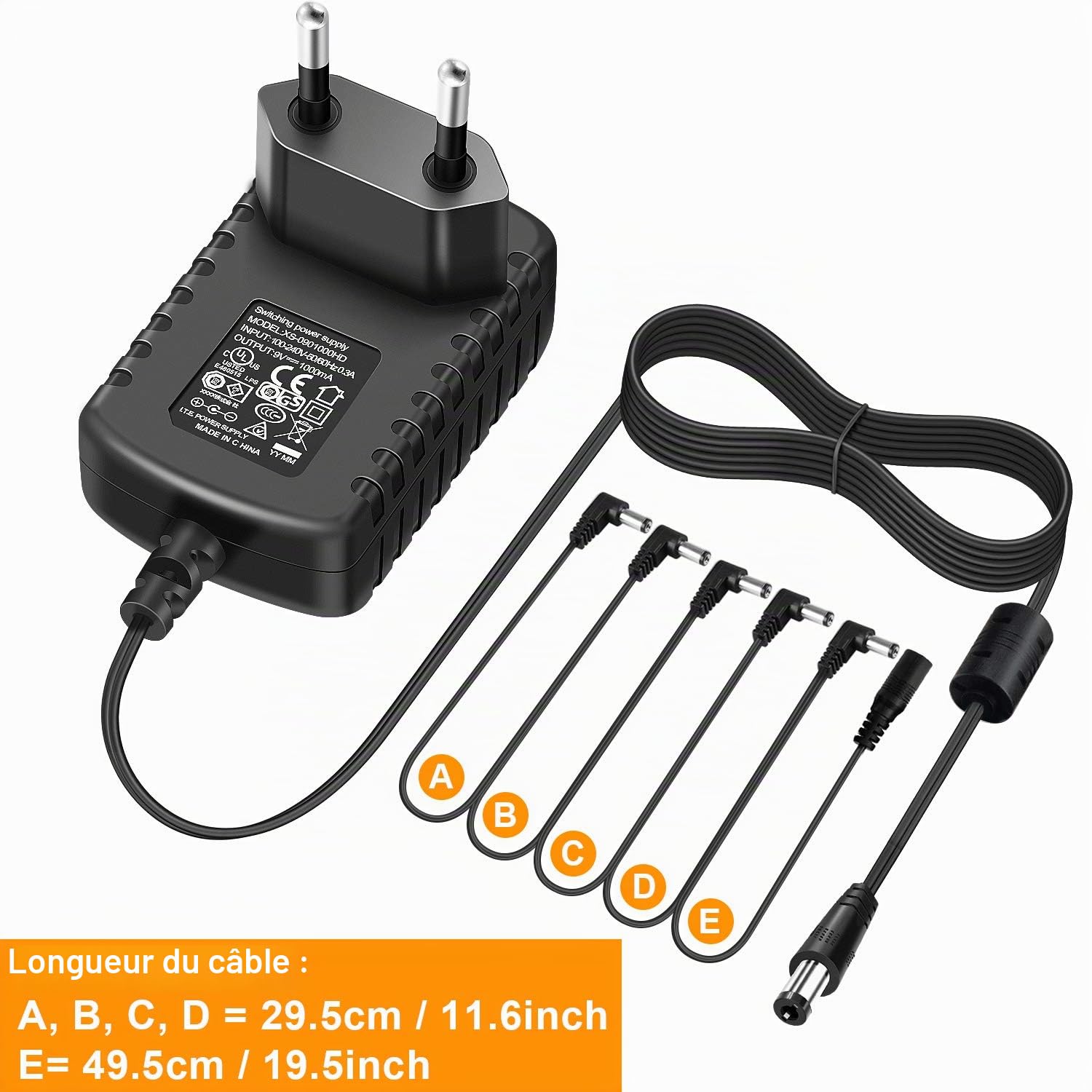 NEUMA Alimentation Adaptateur Prise UE CC 9V 1A Chargeur Secteur pour Pédale d'Effets Guitare Basse avec Câble de 5 Voies