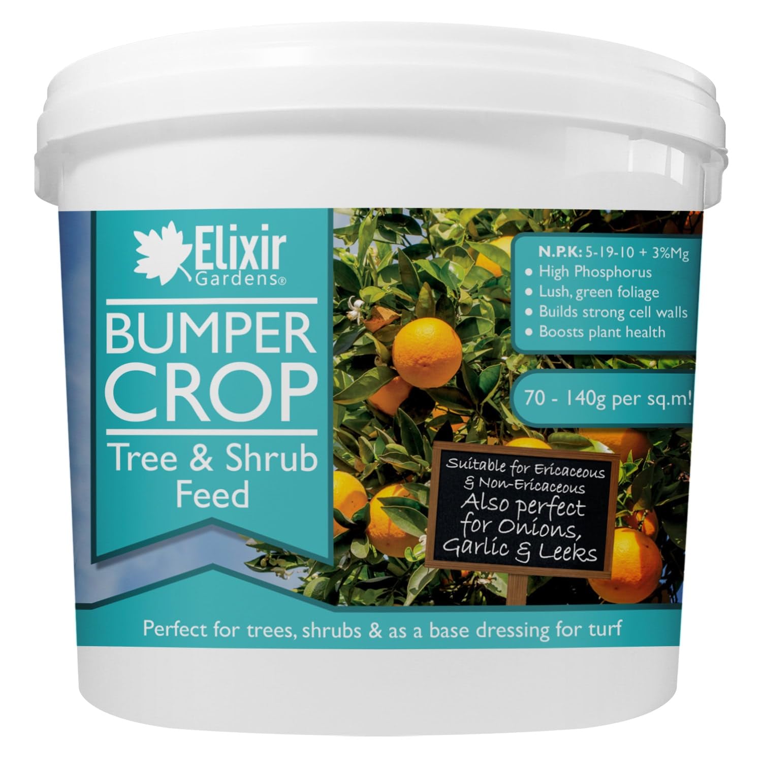 Elixir Gardens Bumper Crop Tree, Shrub & Hedge Fertiliser | 500g-25kg Weights Available in Bags & Tubs | Slow Release Phosphorus Root Feed | 10kg Tub | Treats over 140sqm