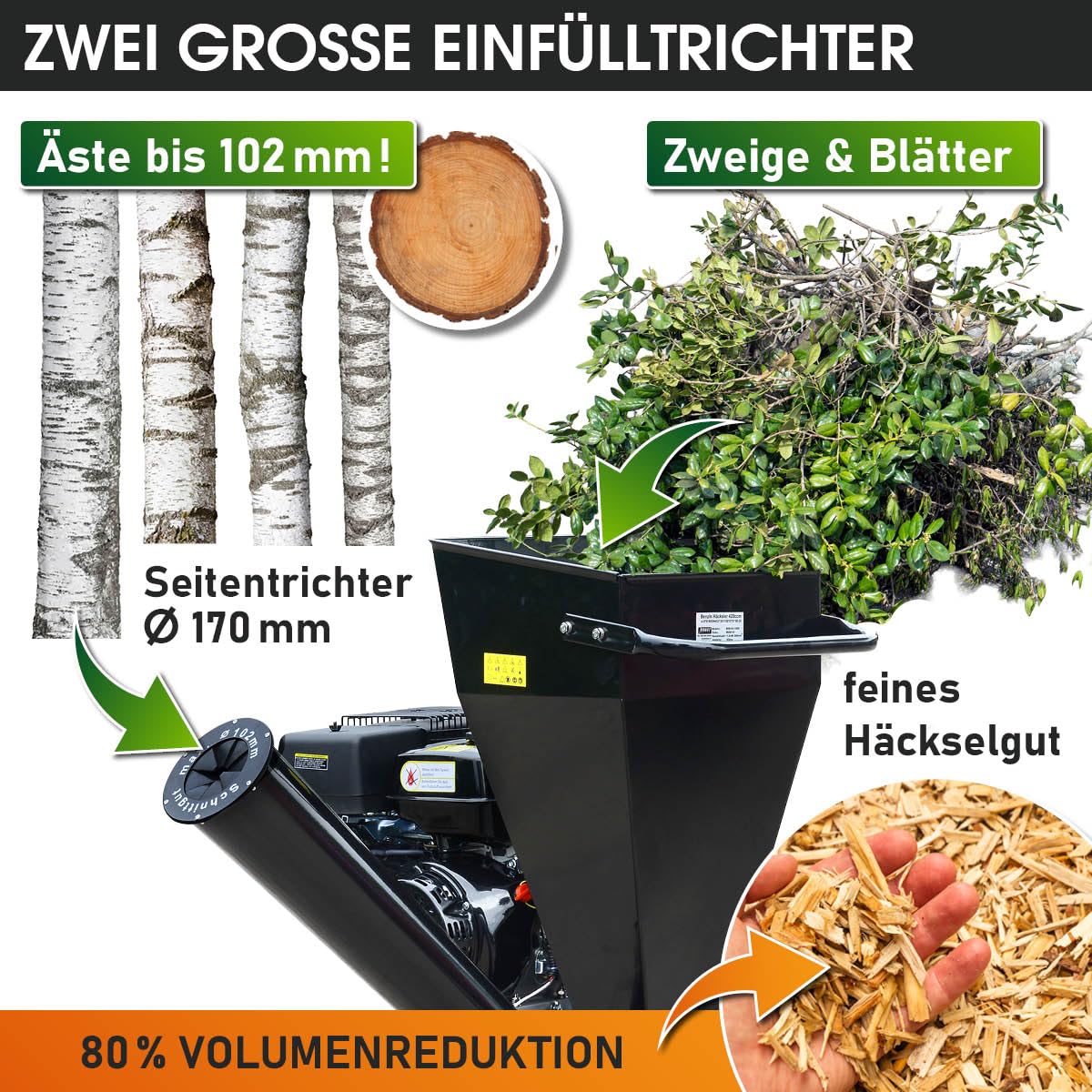 BRAST Häcksler Schredder Gartenhäcksler Benzin | 5,2kW(7PS) - 11kW(15PS) | 2 Modelle | TÜV geprüft | Aststärke bis zu 102mm | 2 Messersysteme mit 22 Messer | Deichsel & Griff