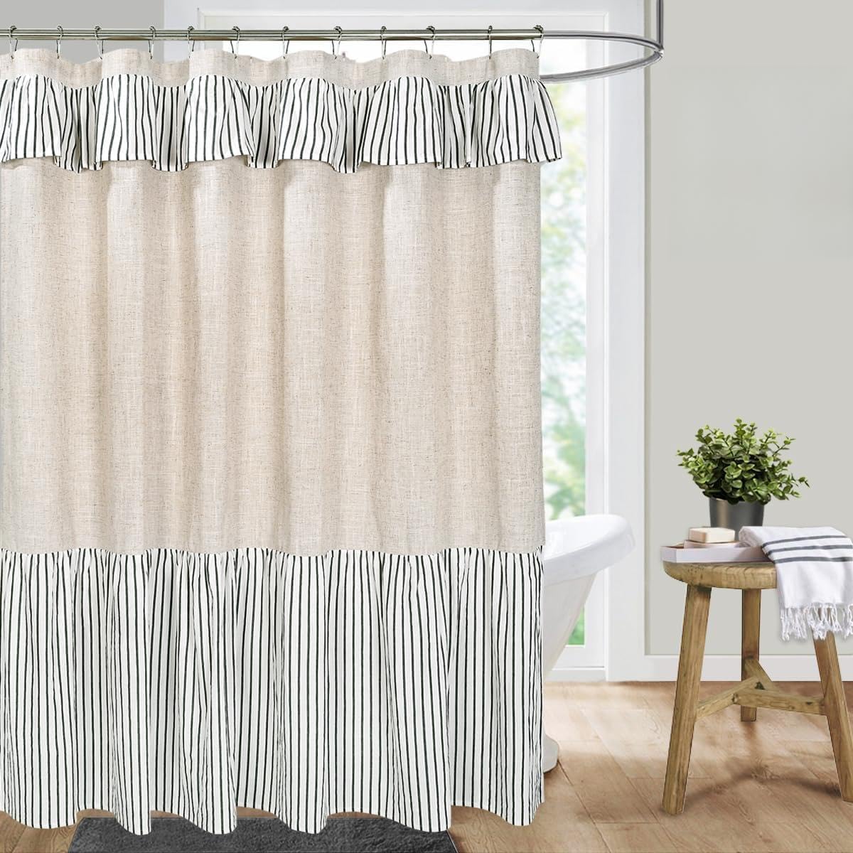 DOSLY Ides Farmhouse Ruffle Shower Curtain, Linen and Black Striped Patchwork, Natural Bathroom Decor, Textured Weave for Modern and Shabby Chic Bathrooms, 72x72 Inches